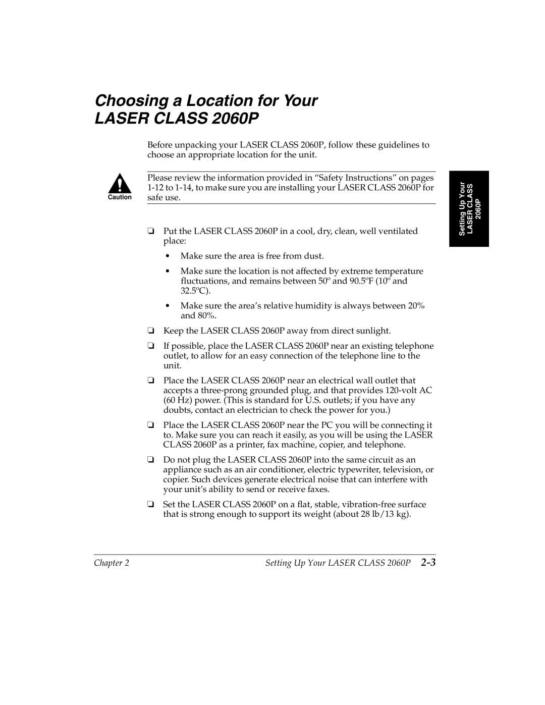 Canon H12157 manual Choosing a Location for Your, Laser Class 2060P 