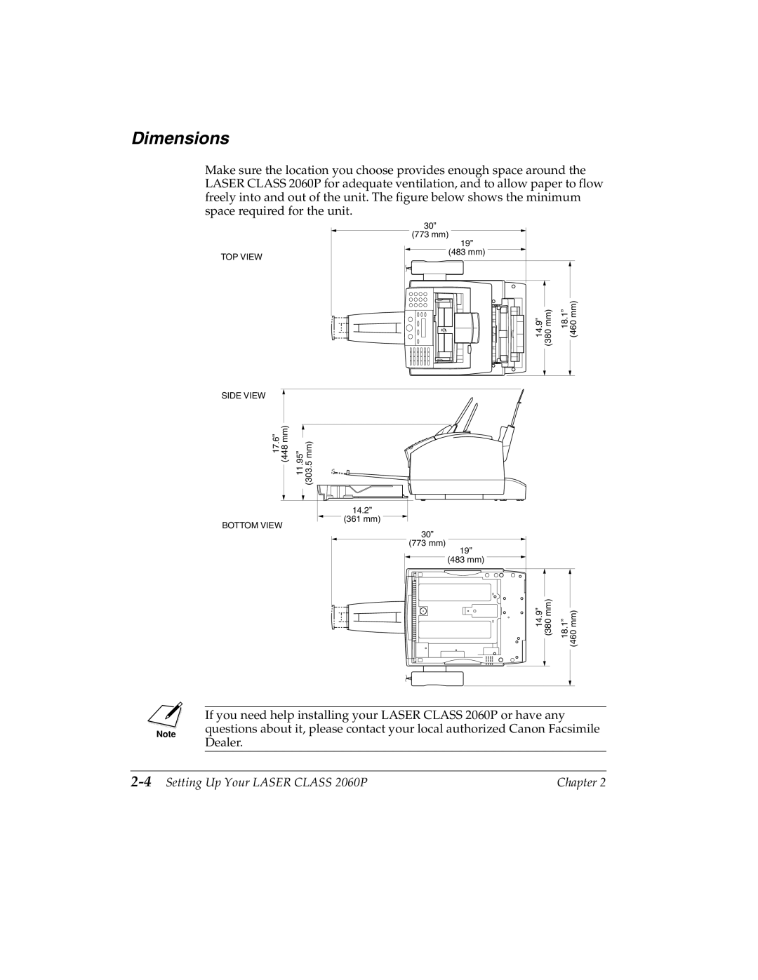 Canon H12157 manual Dimensions, 4Setting Up Your Laser Class 2060P 