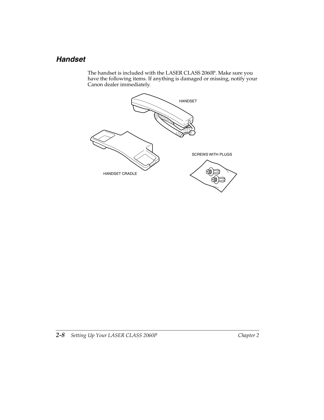 Canon H12157 manual Handset, 8Setting Up Your Laser Class 2060P 