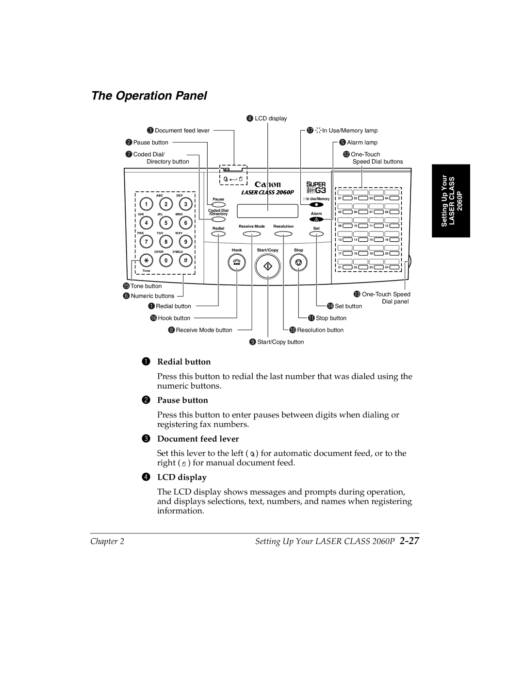 Canon H12157 manual Operation Panel, Redial button, Pause button, Document feed lever, LCD display 