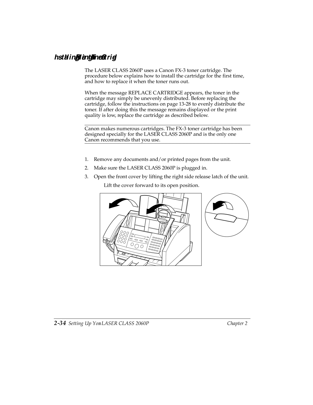 Canon H12157 manual Installing/Replacing the Toner Cartridge, 34Setting Up Your Laser Class 2060P 