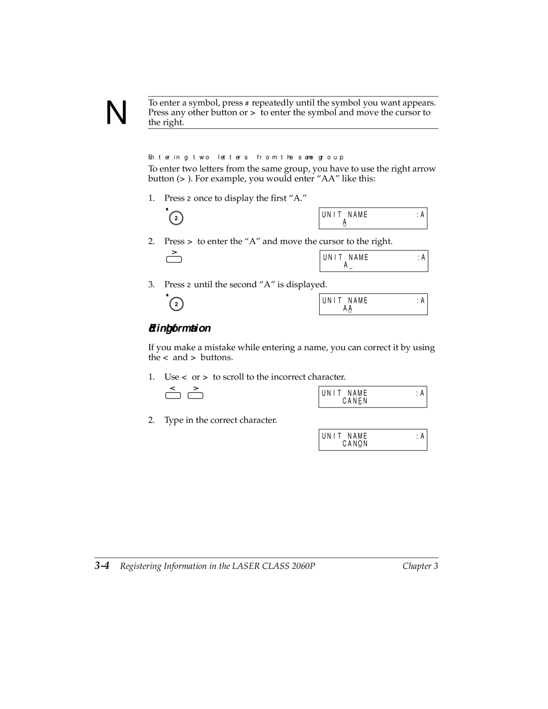 Canon H12157 manual Editing Information, Entering two letters from the same group 