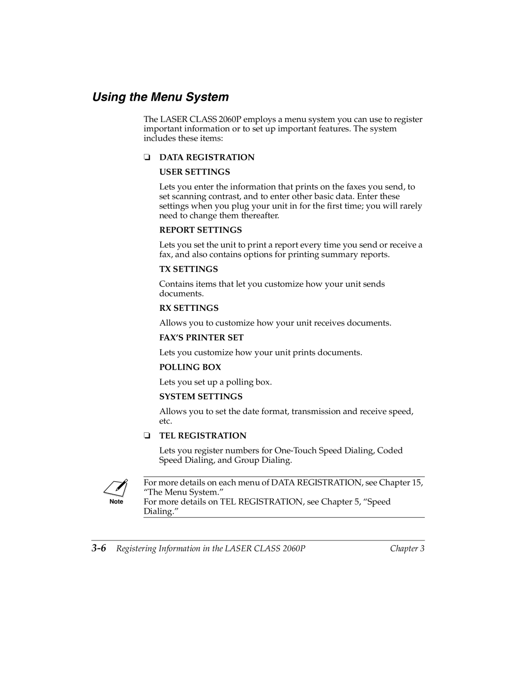 Canon H12157 manual Using the Menu System, 6Registering Information in the Laser Class 2060P 