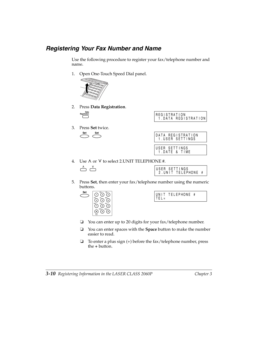 Canon H12157 manual Registering Your Fax Number and Name, 10Registering Information in the Laser Class 2060P 