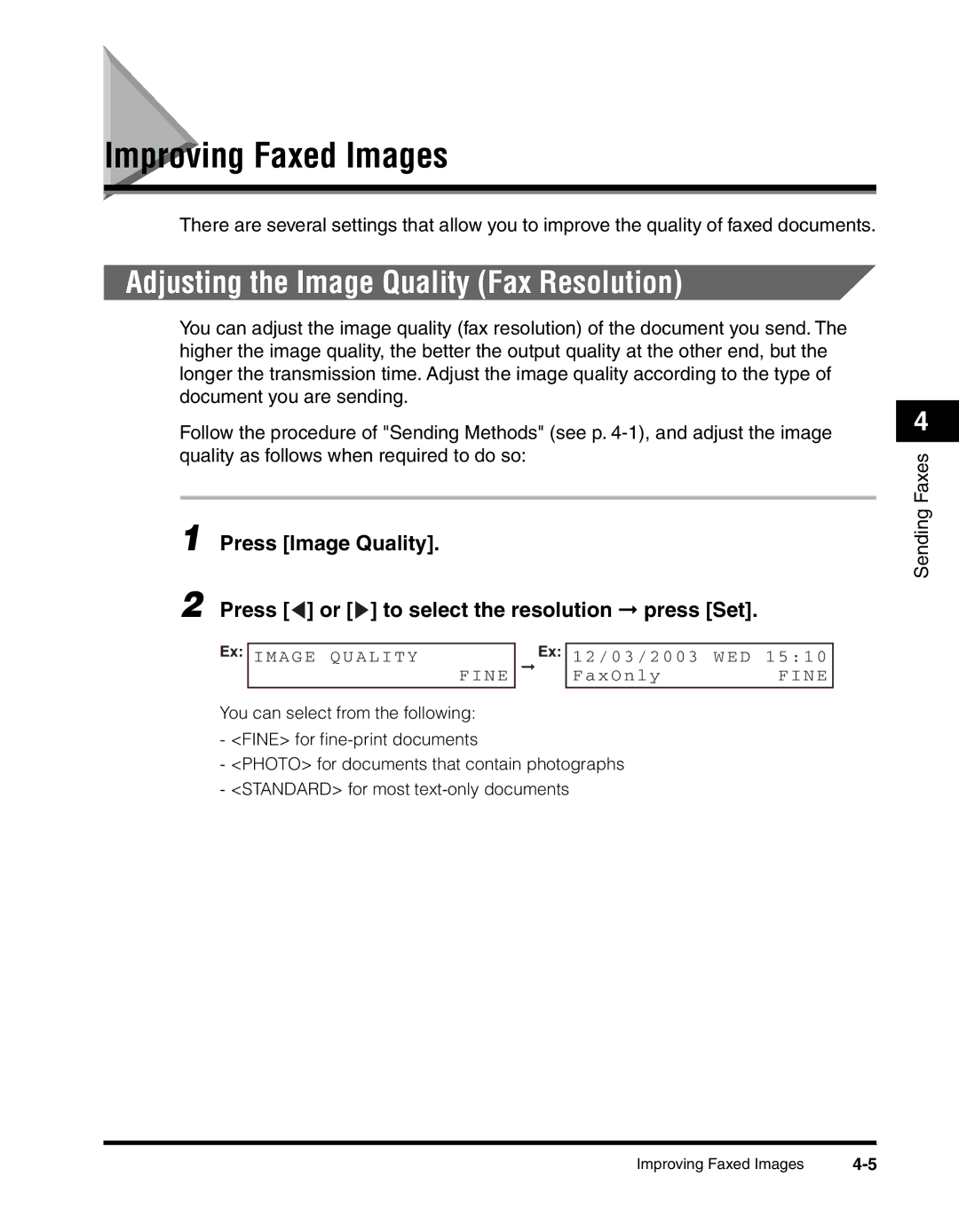 Canon MF5550, H12295 manual Improving Faxed Images, Adjusting the Image Quality Fax Resolution 