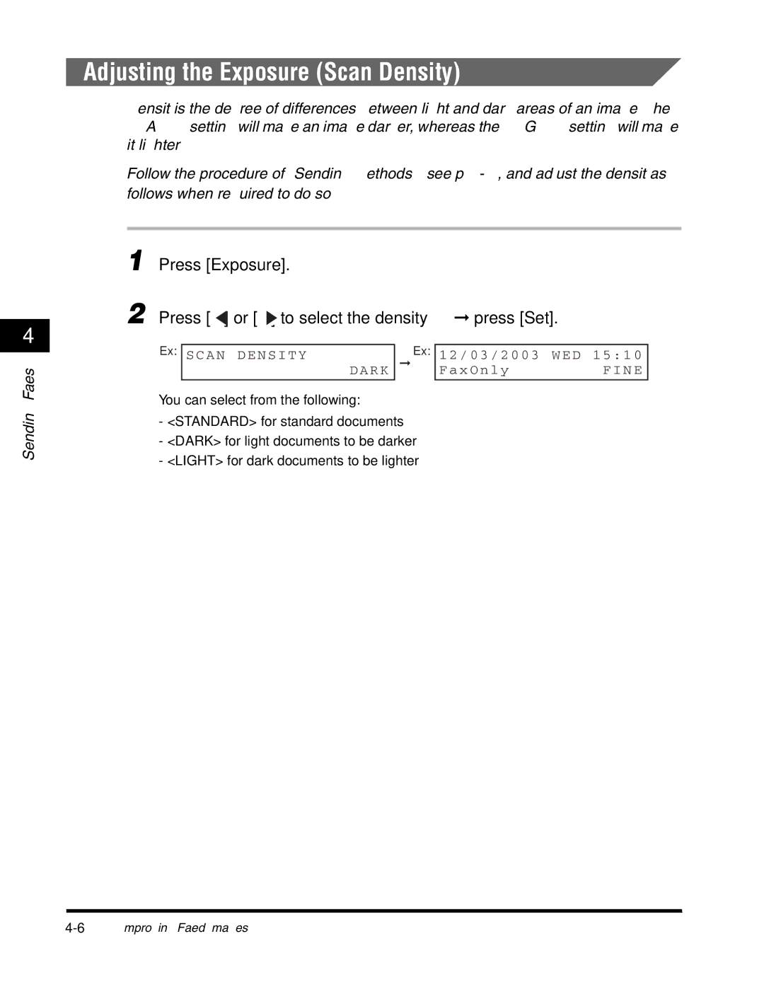 Canon H12295, MF5550 manual Adjusting the Exposure Scan Density, Press Exposure Press or to select the density press Set 