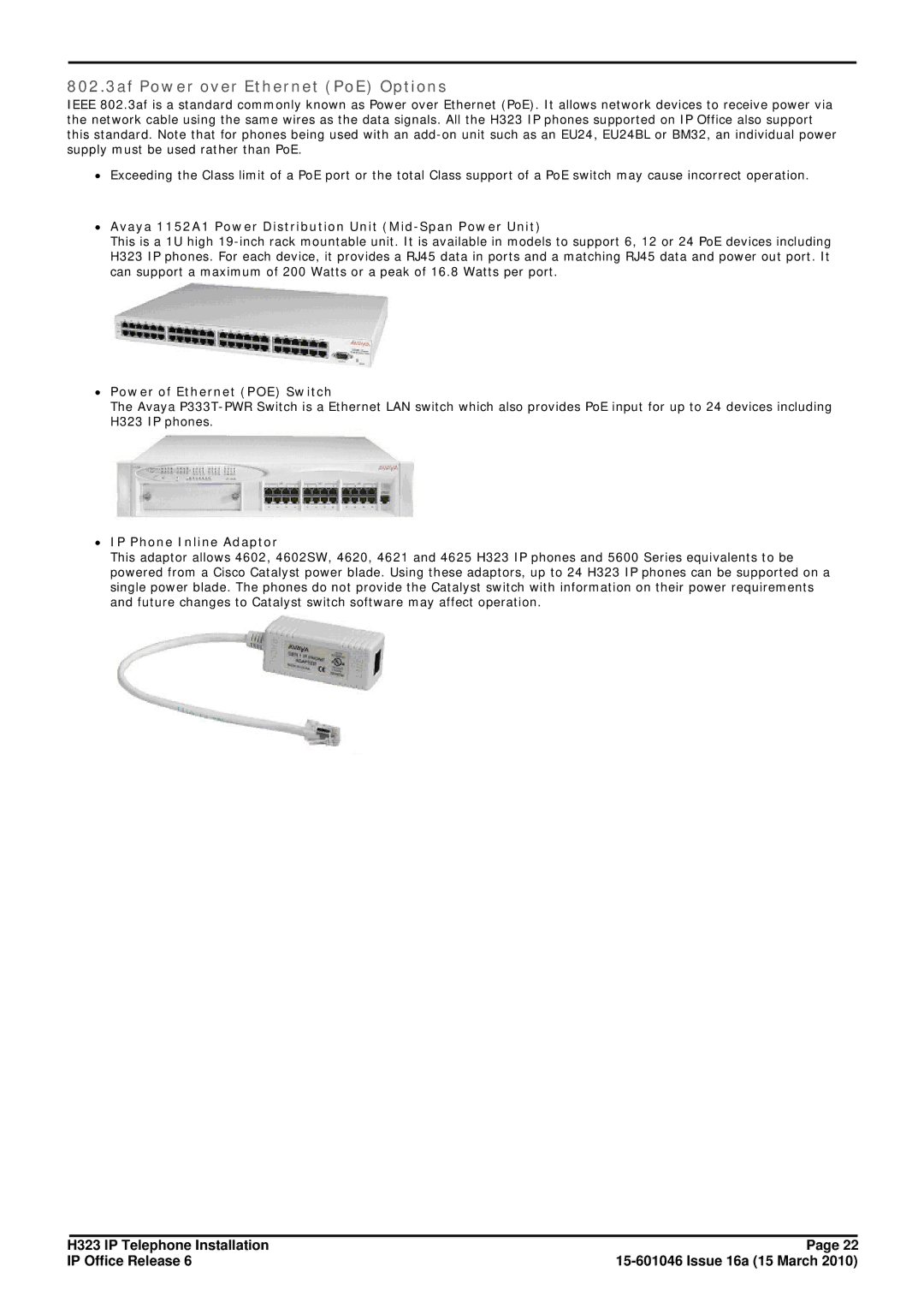 Canon H323 manual 802.3af Power over Ethernet PoE Options, ∙ Avaya 1152A1 Power Distribution Unit Mid-Span Power Unit 