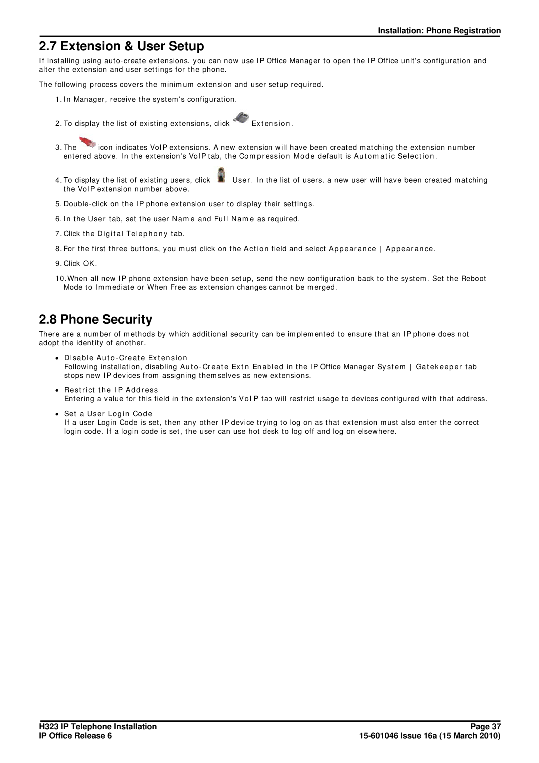 Canon H323 manual Extension & User Setup, Phone Security 