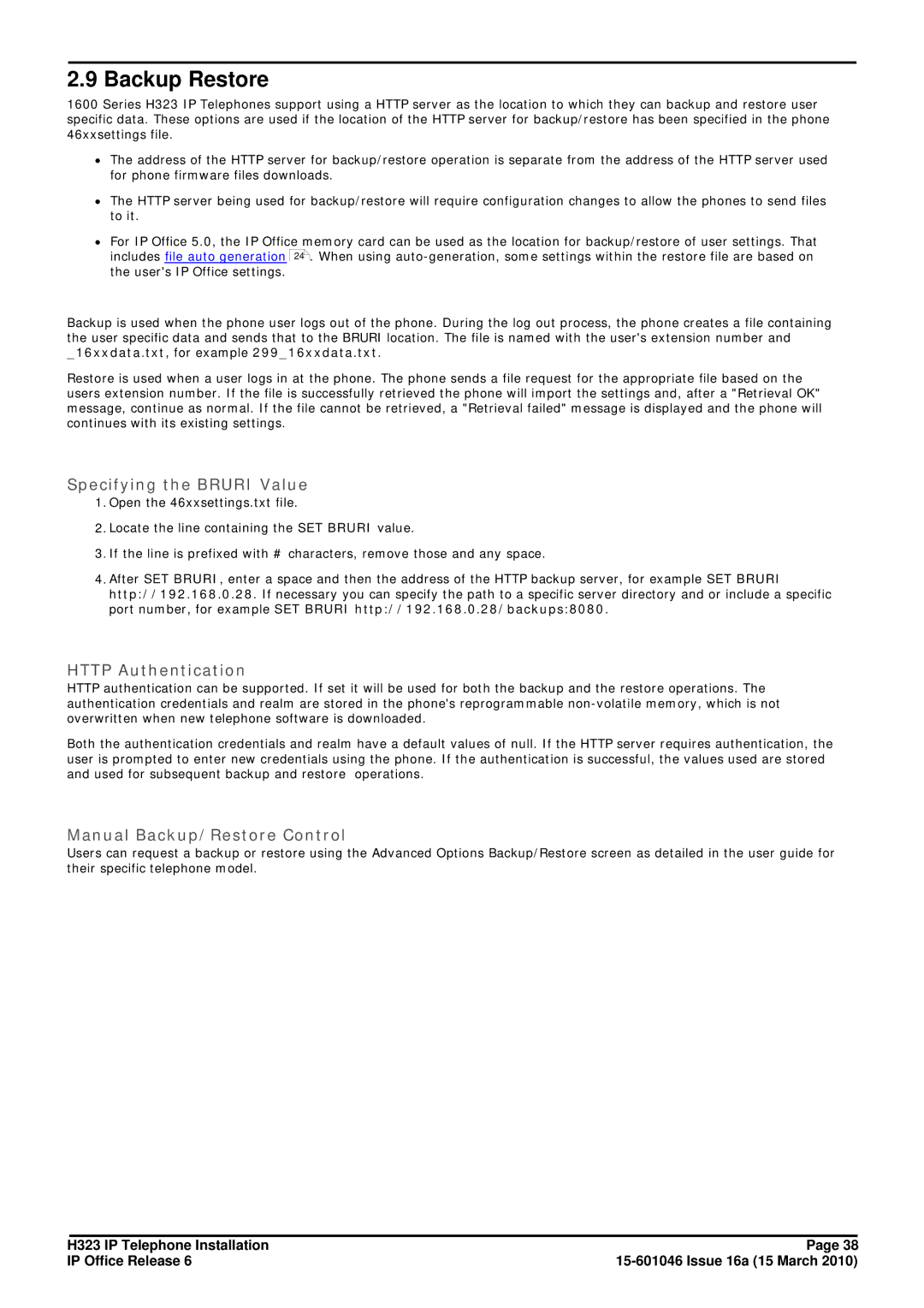 Canon H323 manual Backup Restore, Specifying the Bruri Value, Http Authentication, Manual Backup/Restore Control 