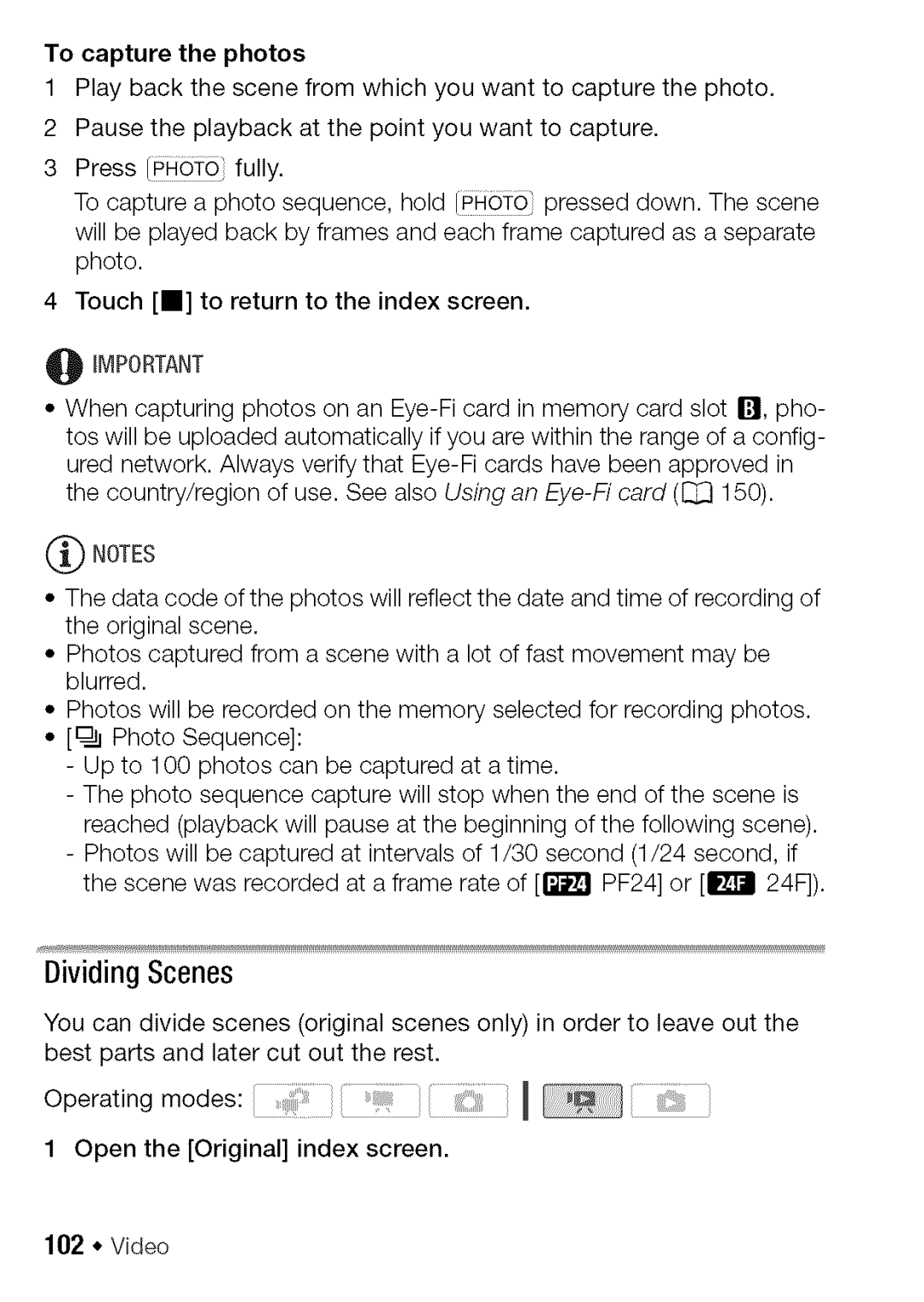 Canon HF S21, HF S20 manual DividingScenes, 102 * Video 