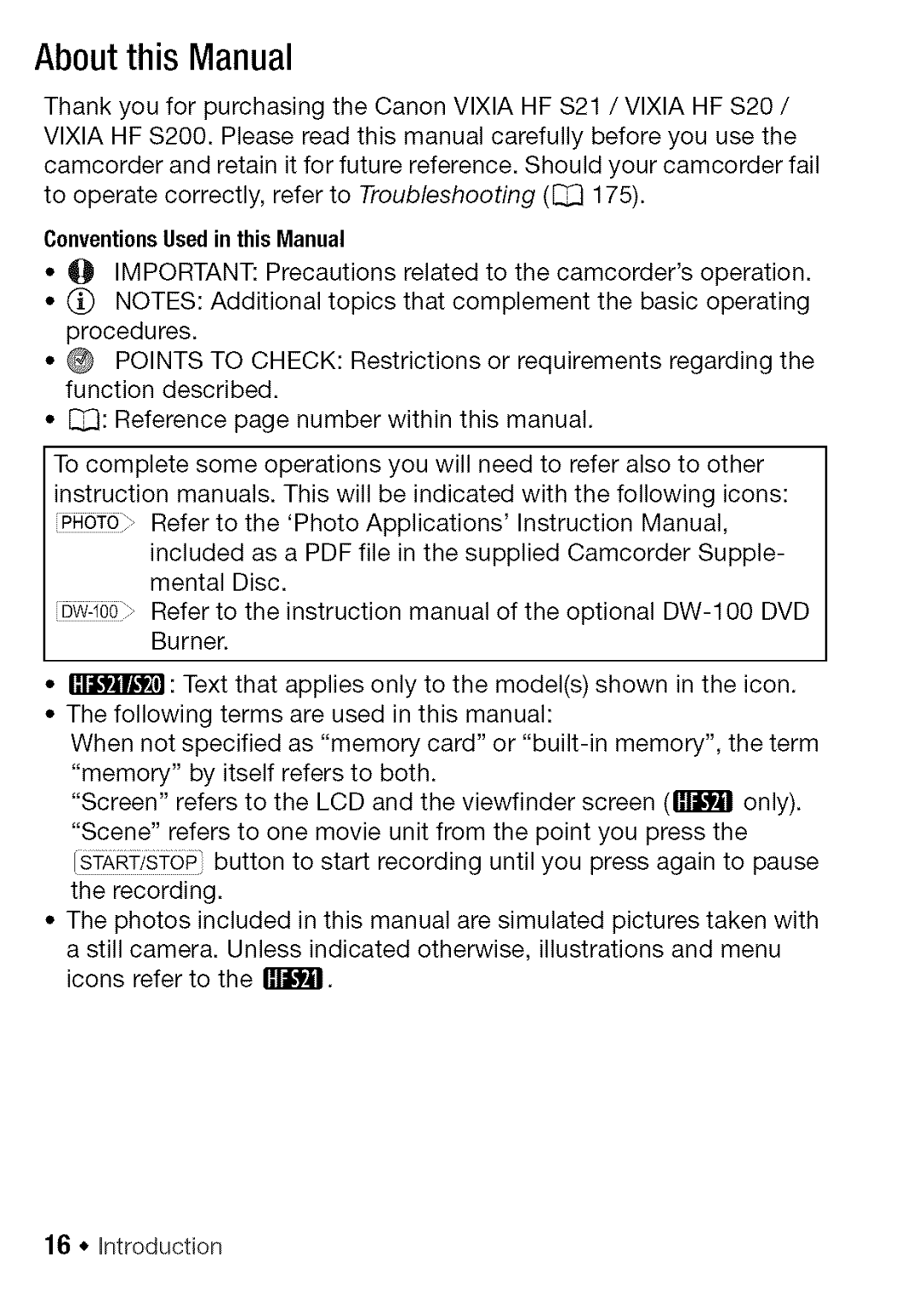 Canon HF S21, HF S20 manual About this Manual, Introduction, ConventionsUsedin thisManual 