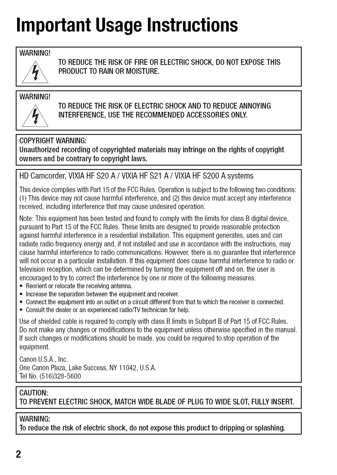 Canon HF S21, HF S20 manual ImportantUsageInstructions 