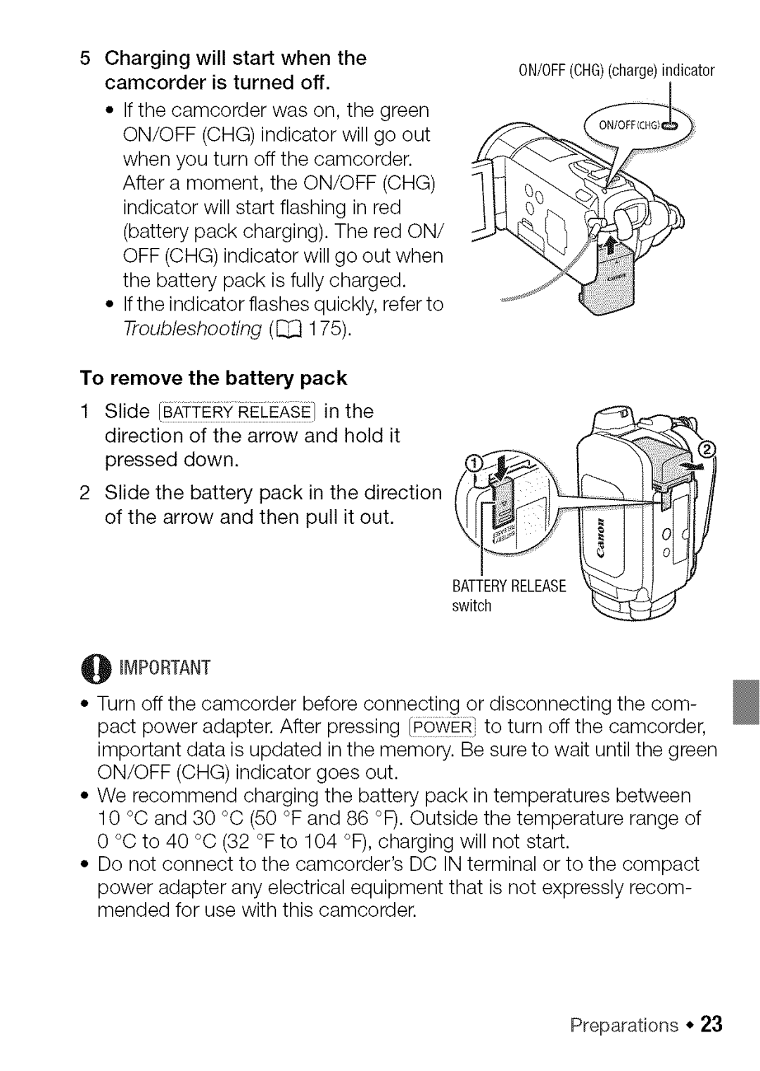 Canon HF S20, HF S21 manual To remove the battery pack 