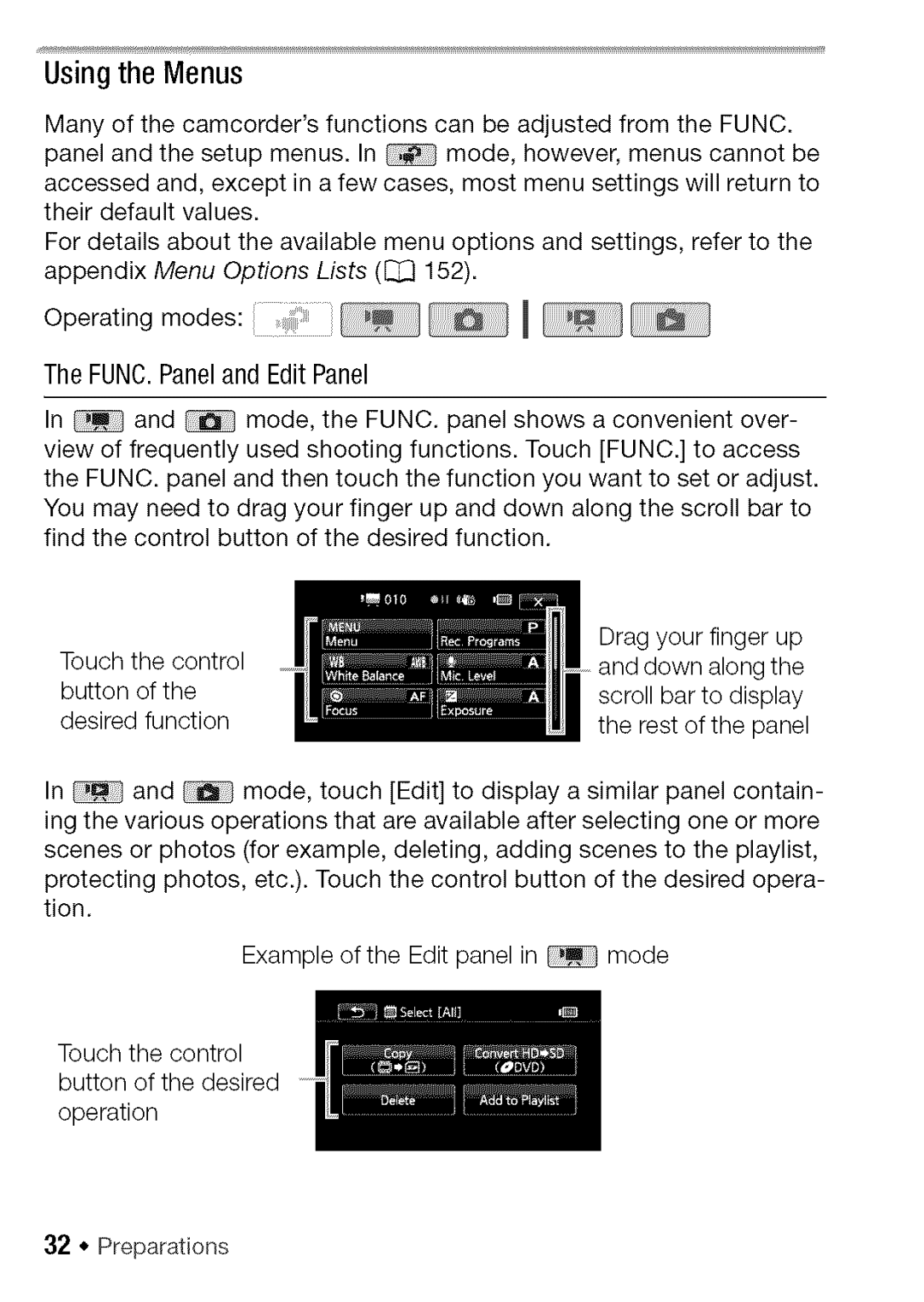 Canon HF S21, HF S20 manual Usingthe Menus, FUNCPaneland. Edit Panel 