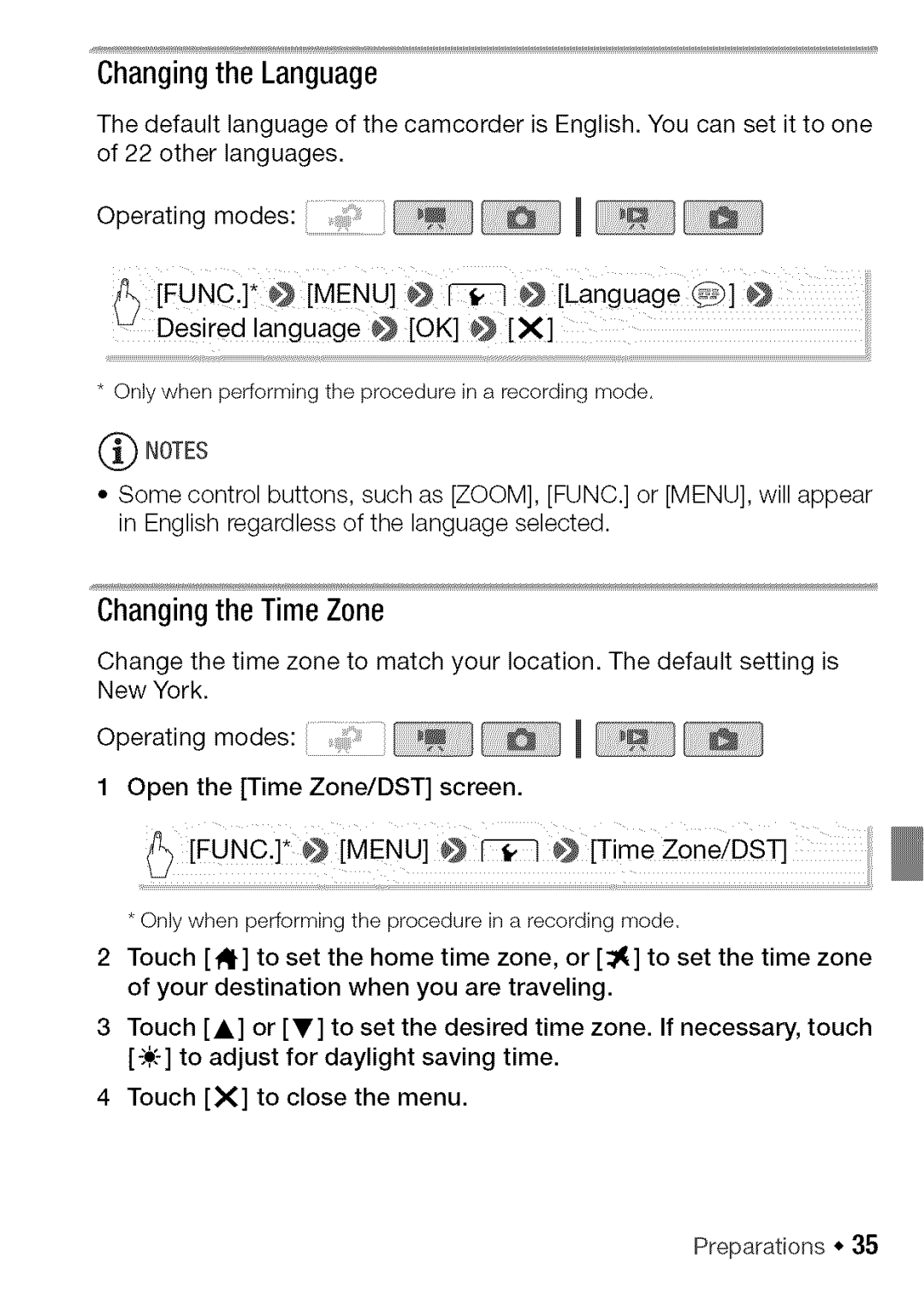 Canon HF S20, HF S21 manual Changingthe Language, Changingthe TimeZone 