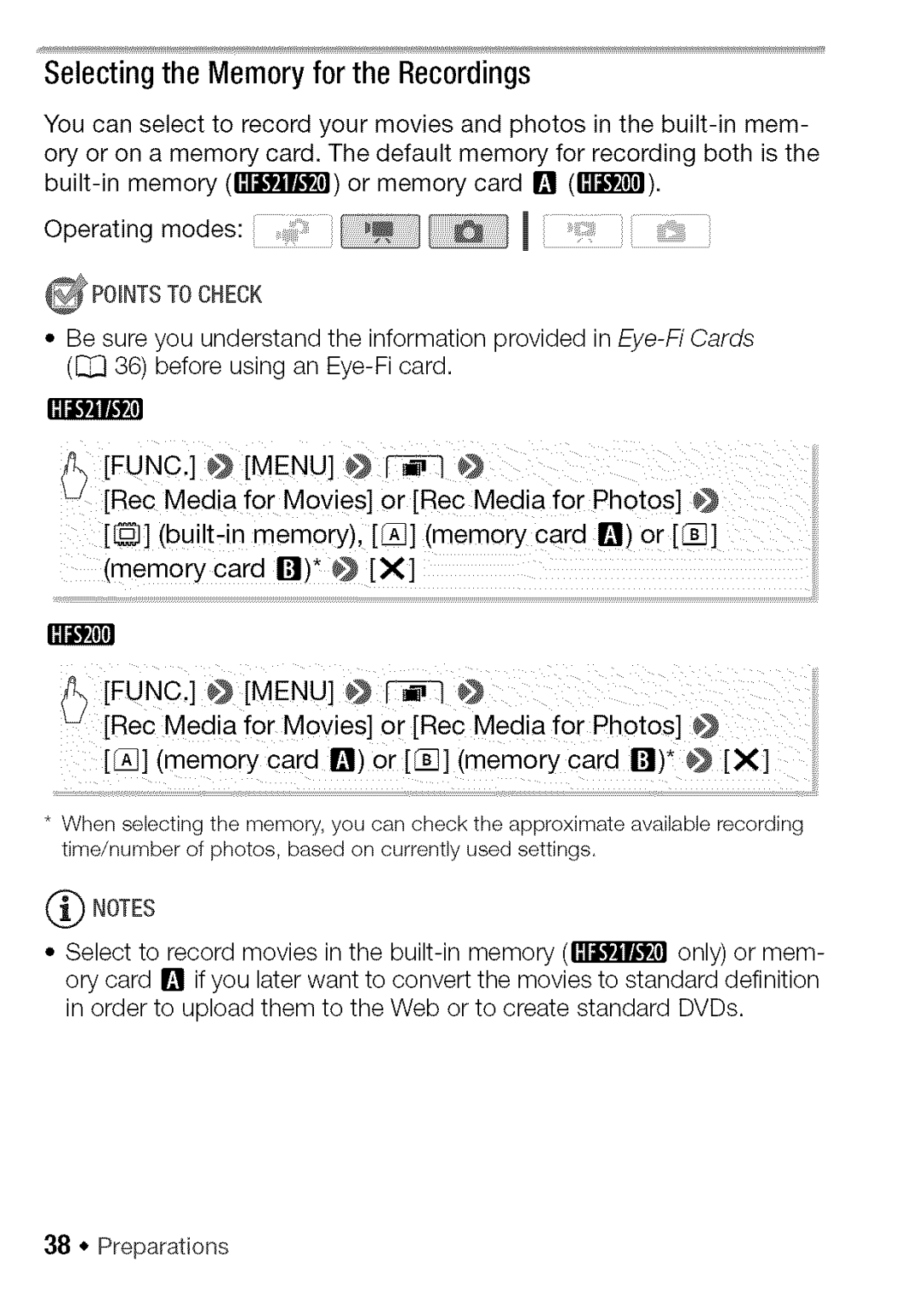 Canon HF S21, HF S20 manual Selectingthe Memory for the Recordings, Pointstocheck 