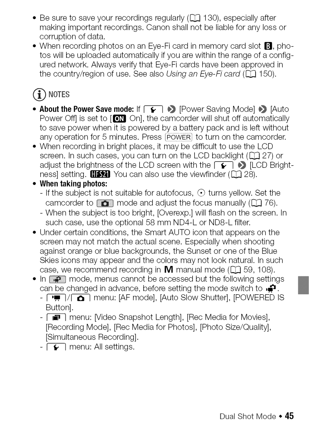 Canon HF S20, HF S21 manual Aboutthe PowerSavemode If, When taking photos 