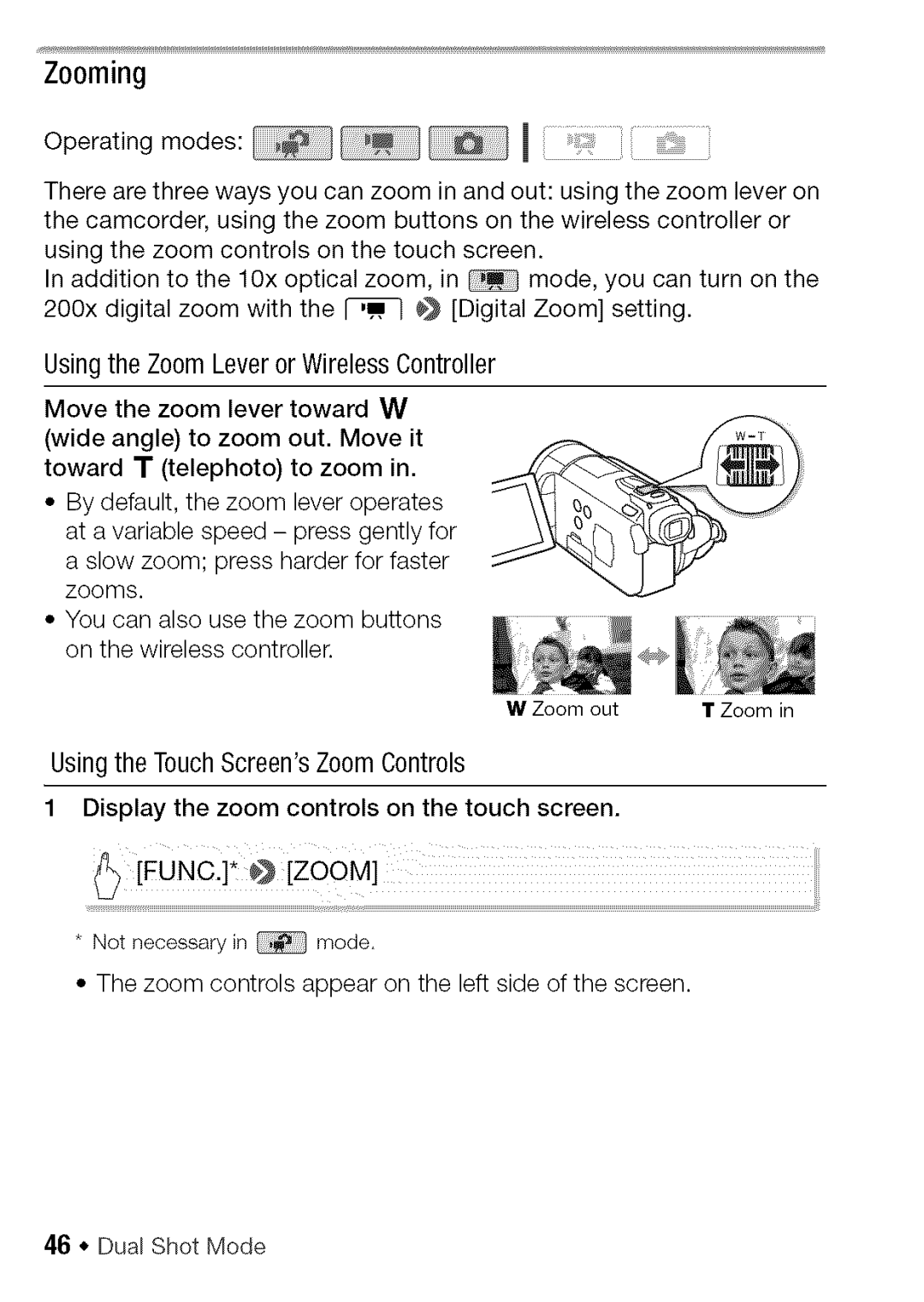 Canon HF S21, HF S20 manual Zooming, Usingthe ZoomLever orWirelessController 