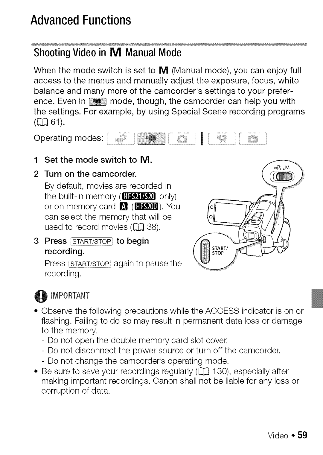 Canon HF S20, HF S21 manual AdvancedFunctions, ShootingVideoin M ManualMode 