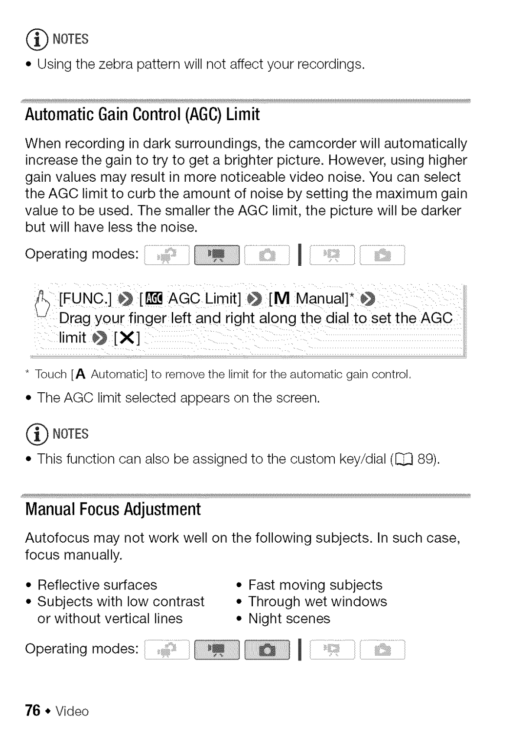 Canon HF S21, HF S20 manual AutomaticGainControlAGOLimit, Manual FocusAdjustment 