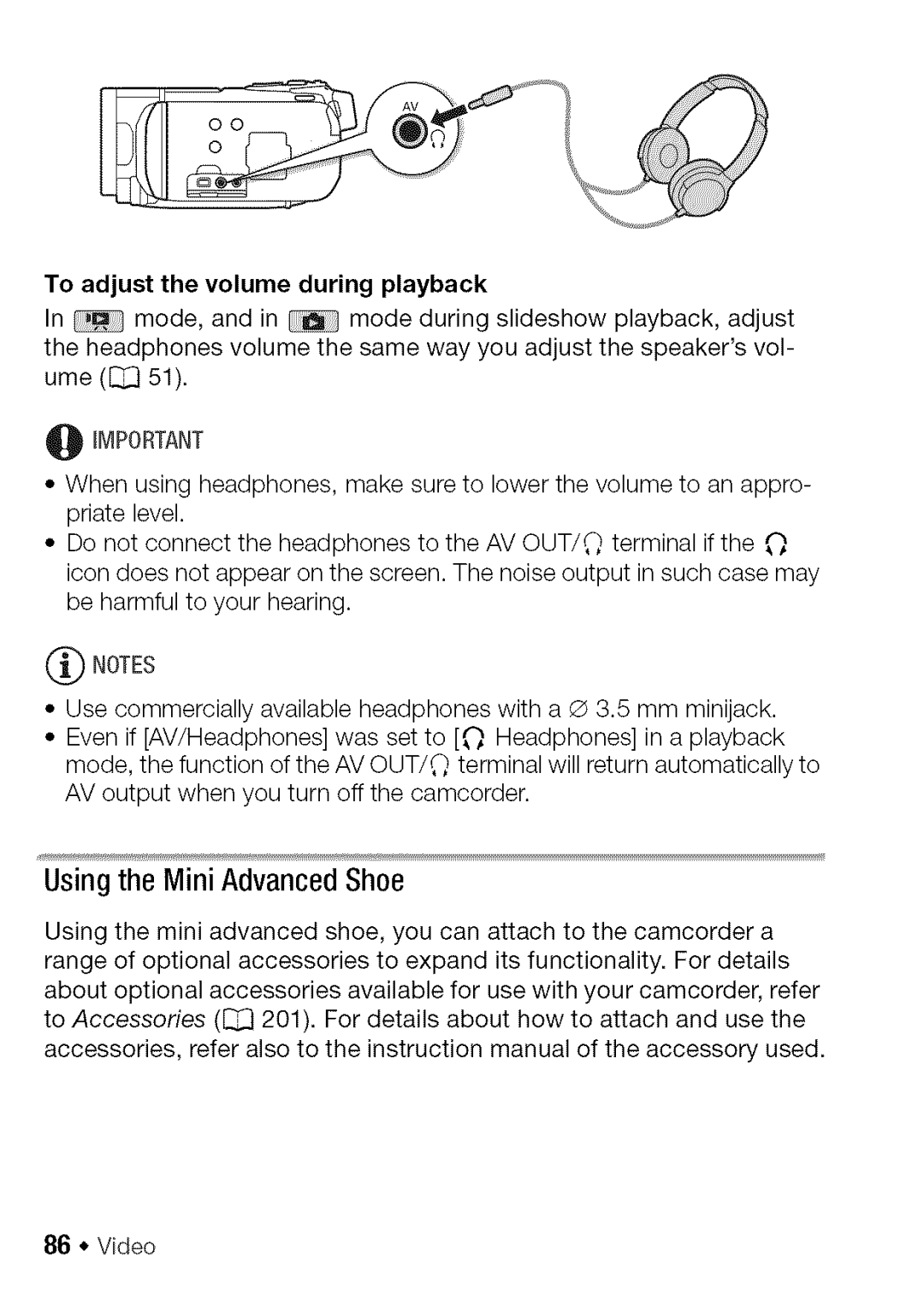 Canon HF S21, HF S20 manual Usingthe Mini AdvancedShoe, To adjust the volume during playback 