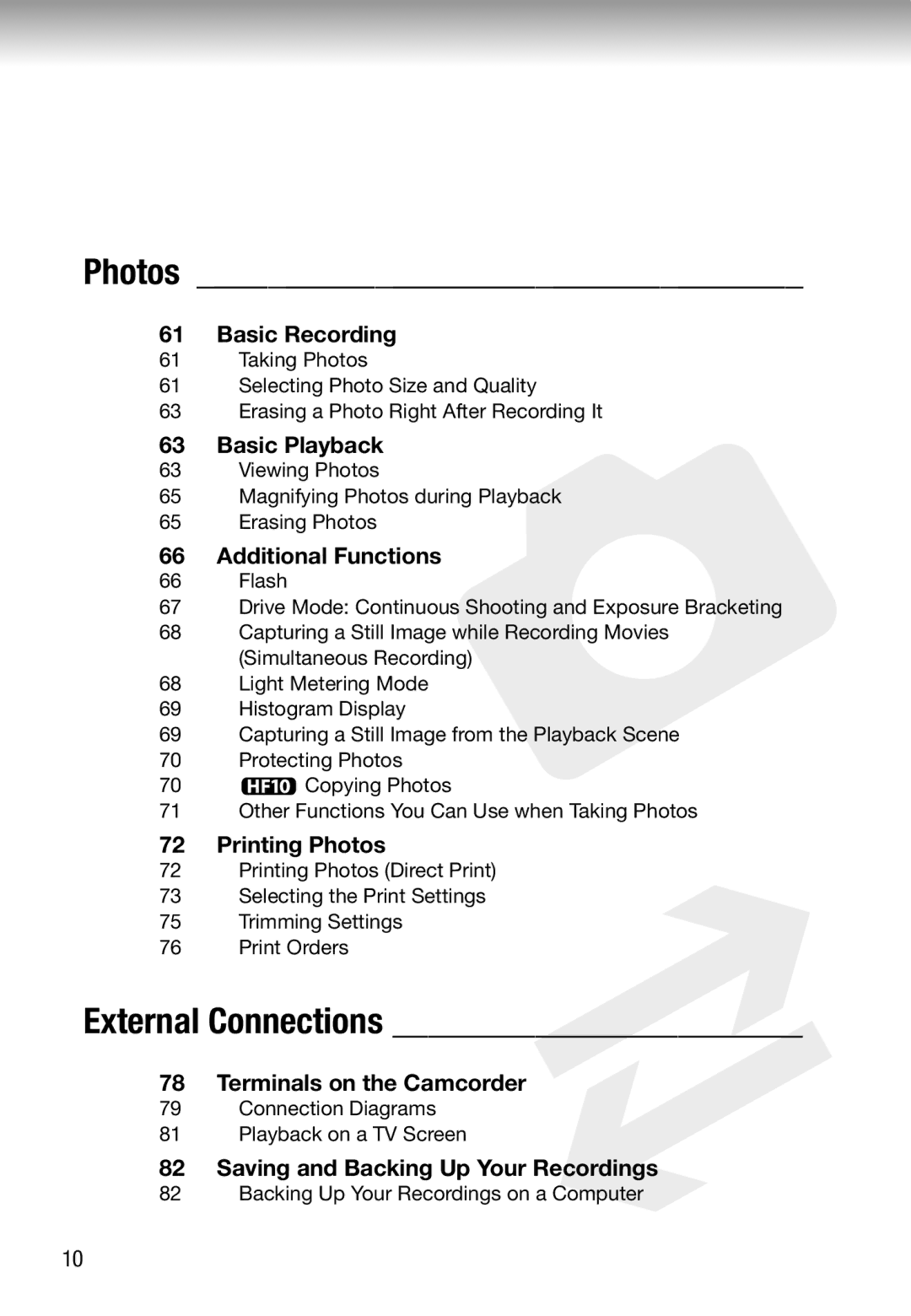 Canon HF10 Additional Functions, Printing Photos, Terminals on the Camcorder, Saving and Backing Up Your Recordings 