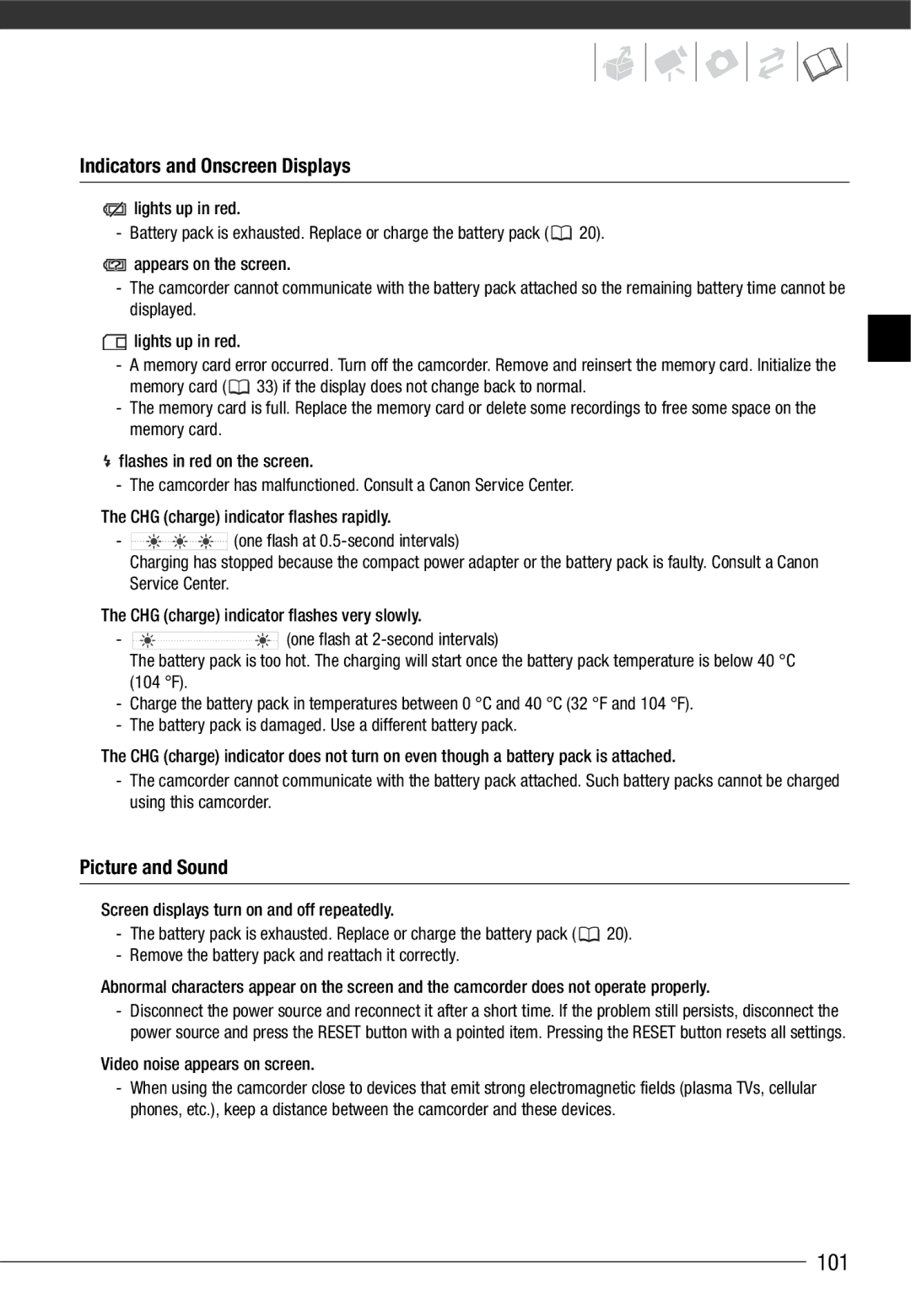 Canon HF10 instruction manual 101, Indicators and Onscreen Displays, Picture and Sound 