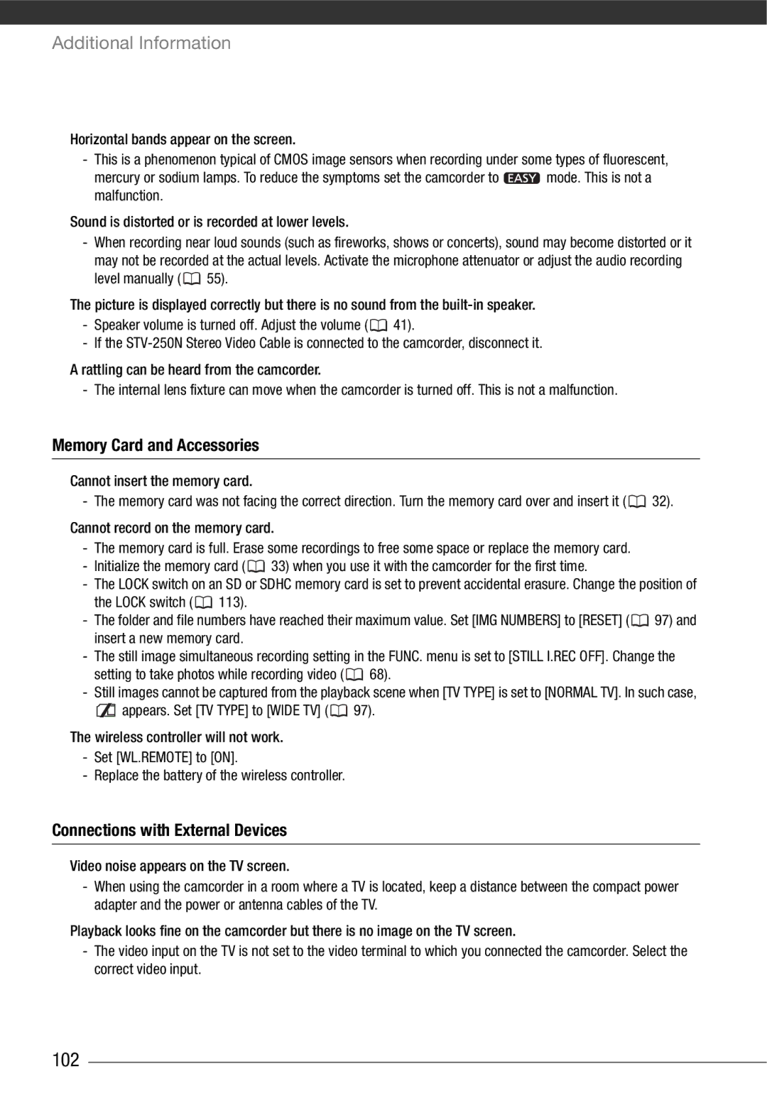 Canon HF10 instruction manual 102, Memory Card and Accessories, Connections with External Devices 