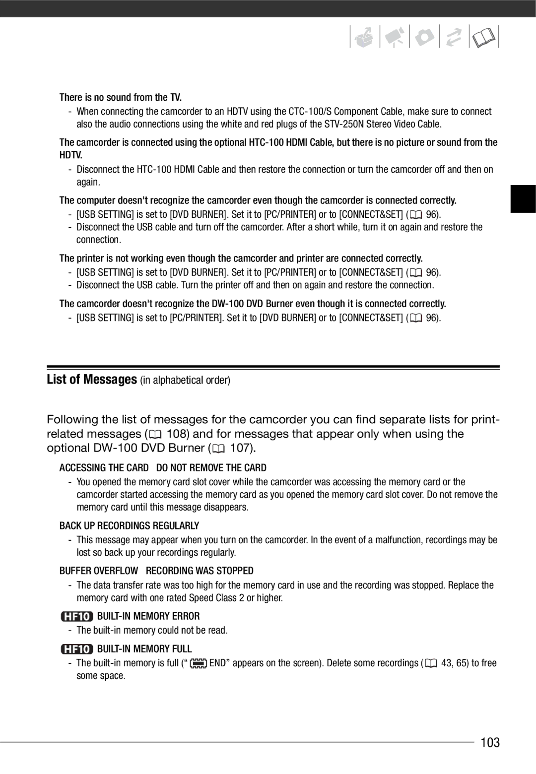 Canon HF10 instruction manual 103, List of Messages in alphabetical order 