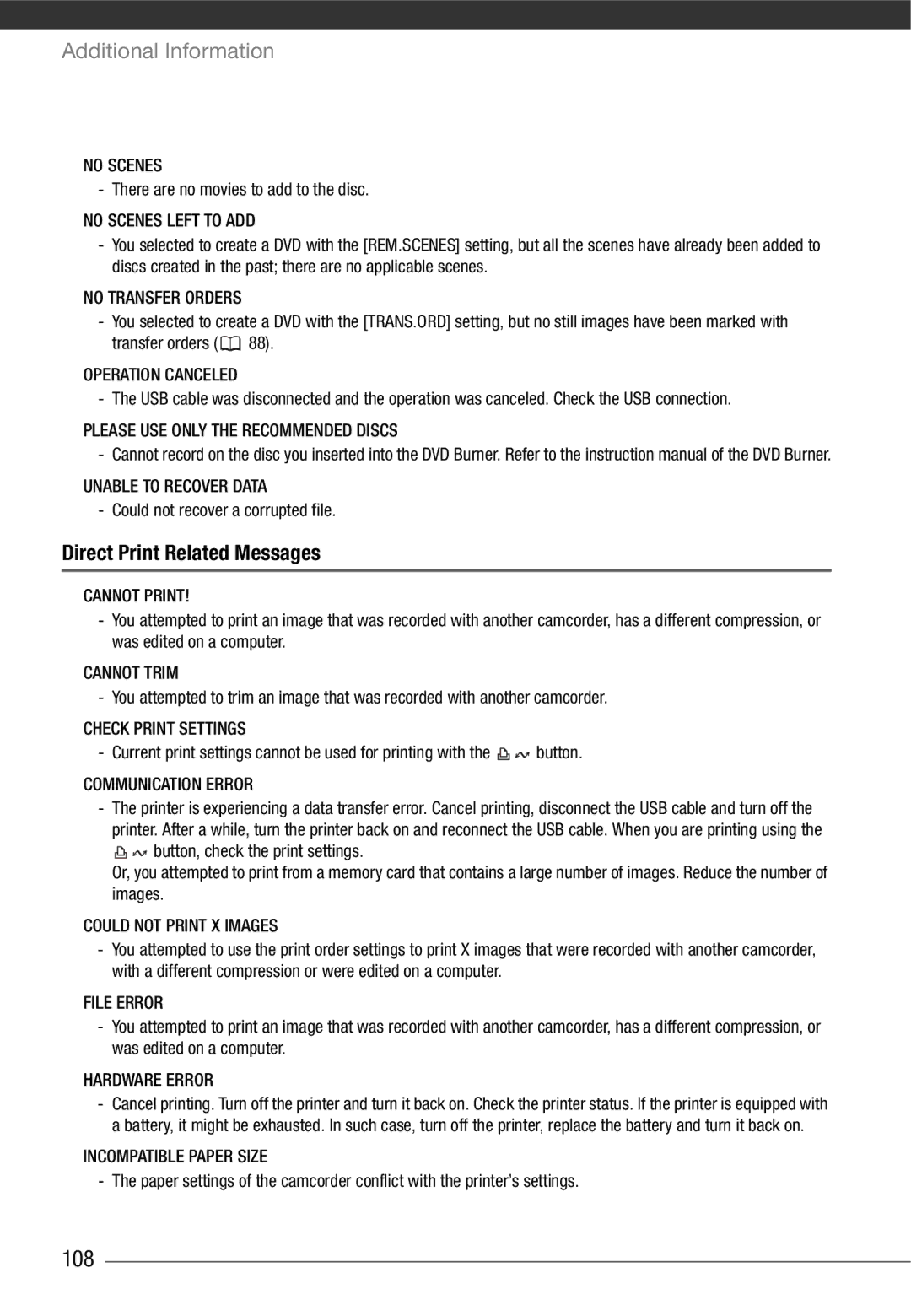 Canon HF10 instruction manual 108, Direct Print Related Messages 