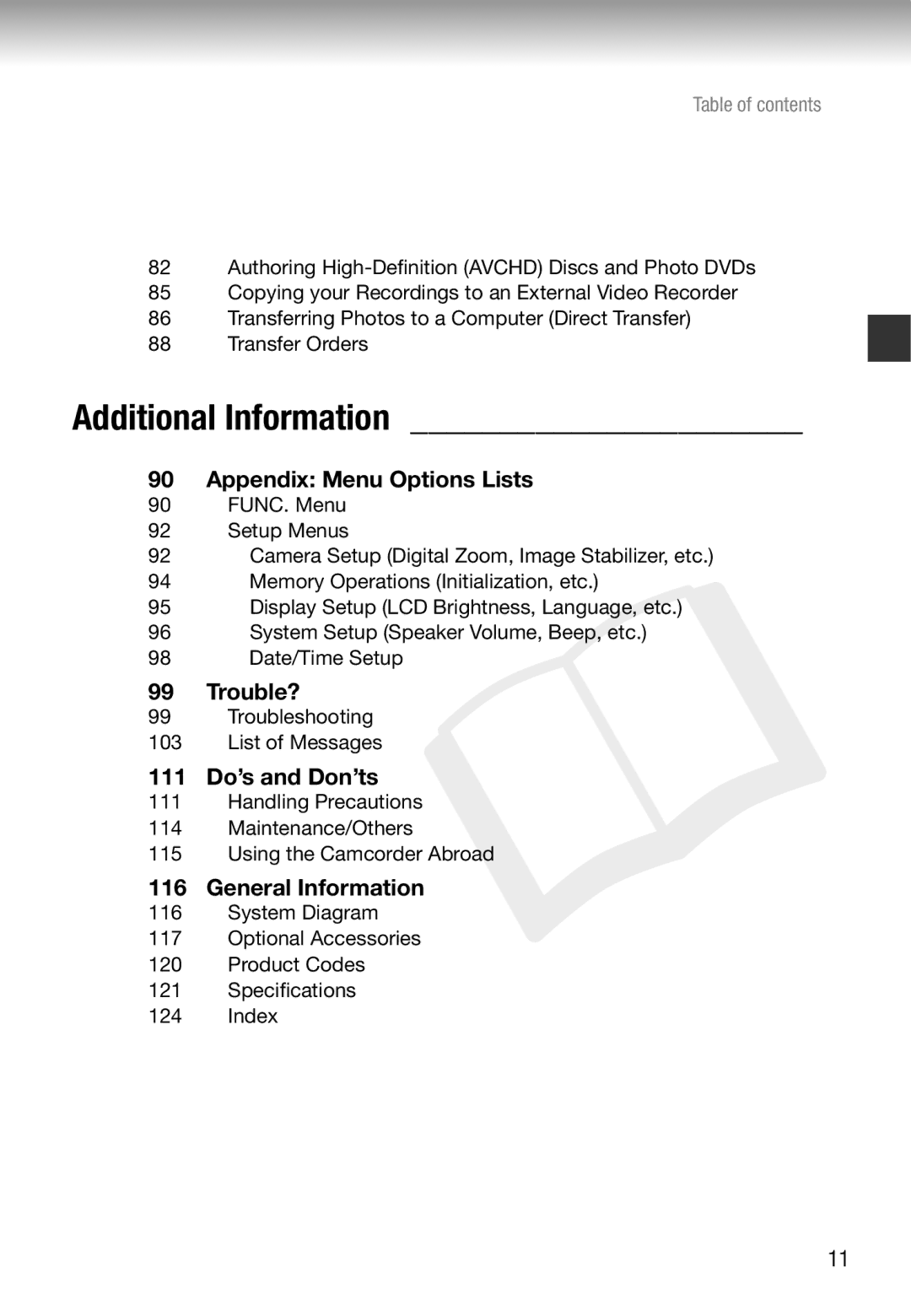 Canon HF10 instruction manual Appendix Menu Options Lists, Trouble?, 111 Do’s and Don’ts, General Information 