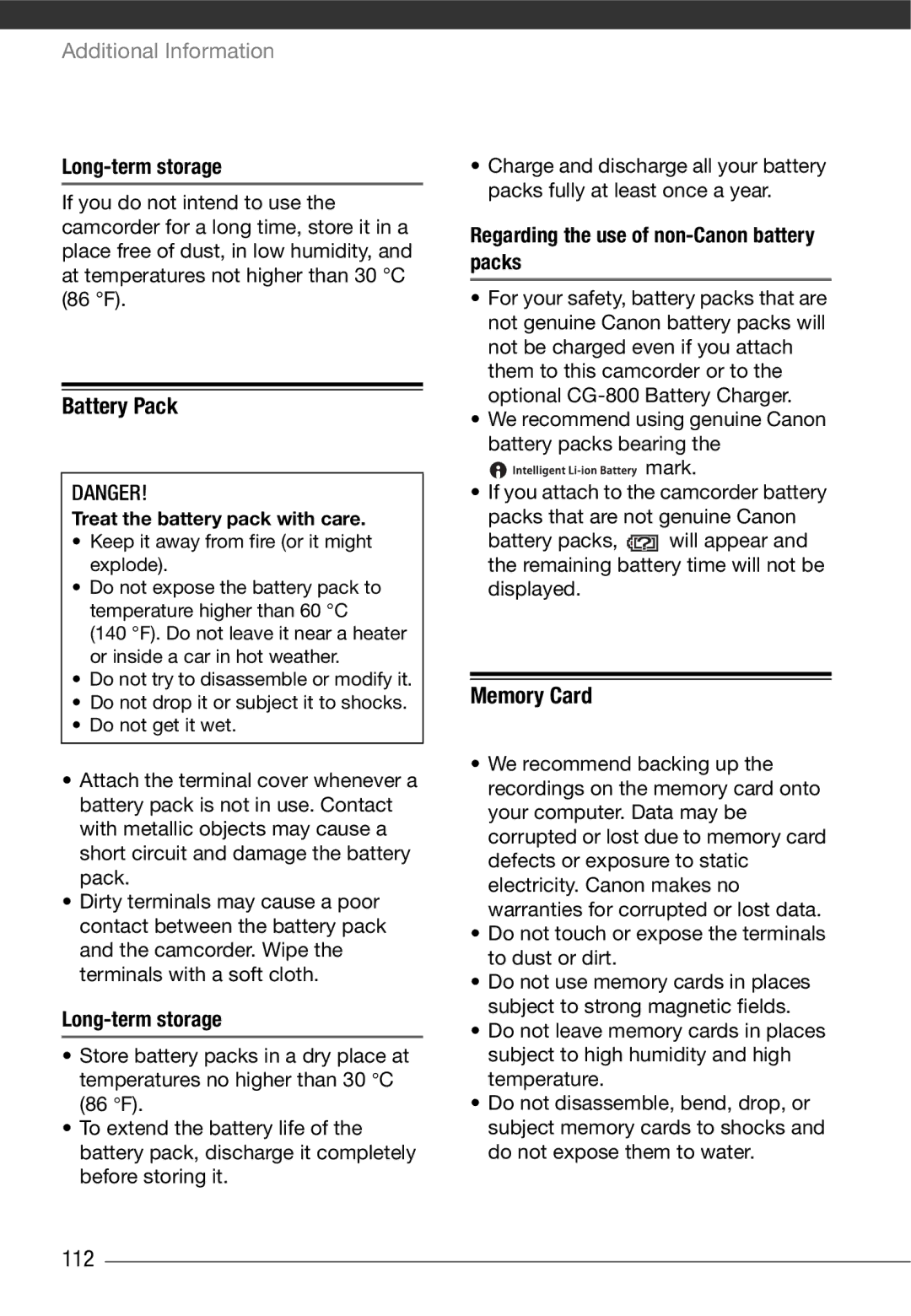 Canon HF10 Battery Pack, Memory Card, 112, Long-term storage, Regarding the use of non-Canon battery packs 