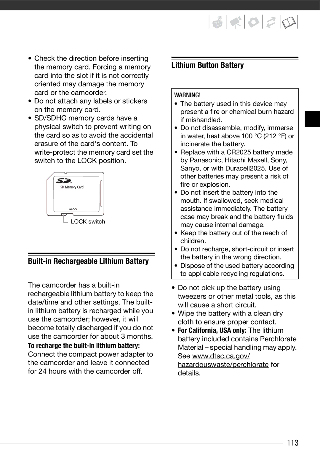 Canon HF10 instruction manual Built-in Rechargeable Lithium Battery, Lithium Button Battery, 113 