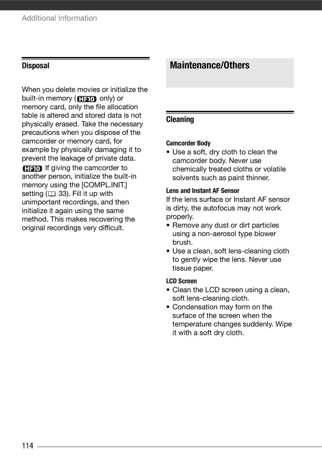 Canon HF10 instruction manual Maintenance/Others, Disposal, Cleaning, 114, When you delete movies or initialize 