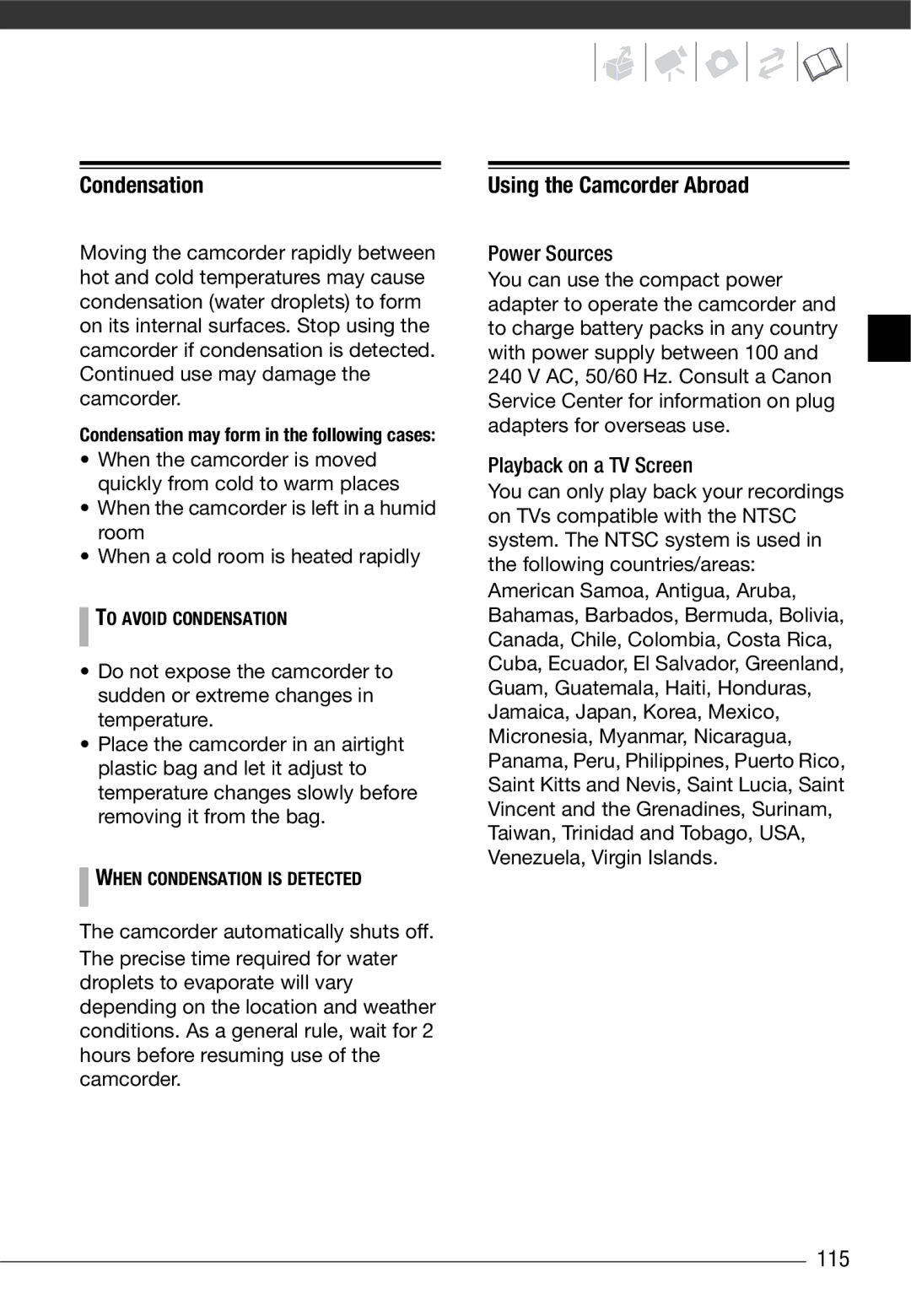 Canon HF10 instruction manual 115, To Avoid Condensation, When Condensation is Detected 