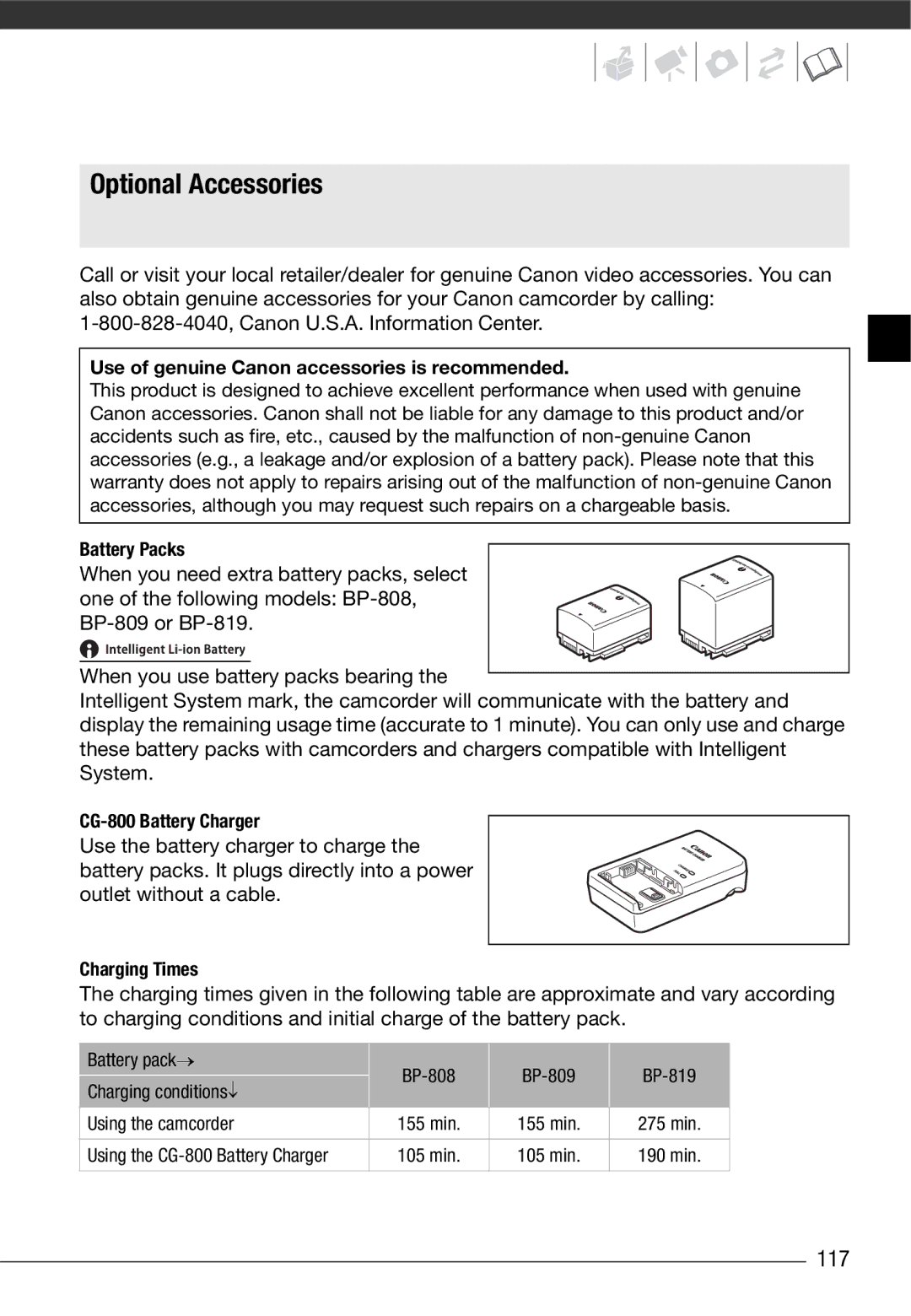 Canon HF10 instruction manual Optional Accessories, 117 