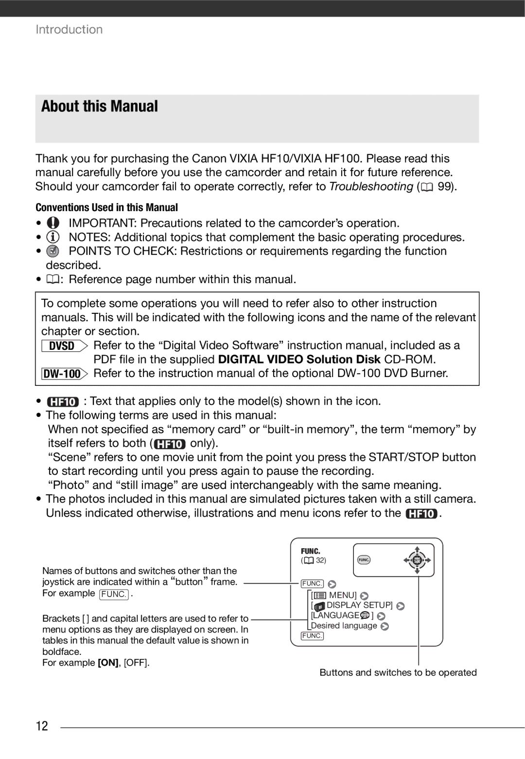 Canon HF10 instruction manual About this Manual, Conventions Used in this Manual 