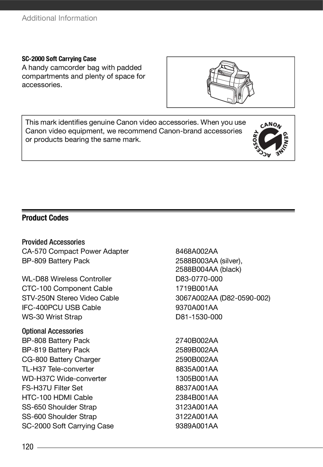 Canon HF10 instruction manual Product Codes, 120, SC-2000 Soft Carrying Case, 3067A002AA D82-0590-002 