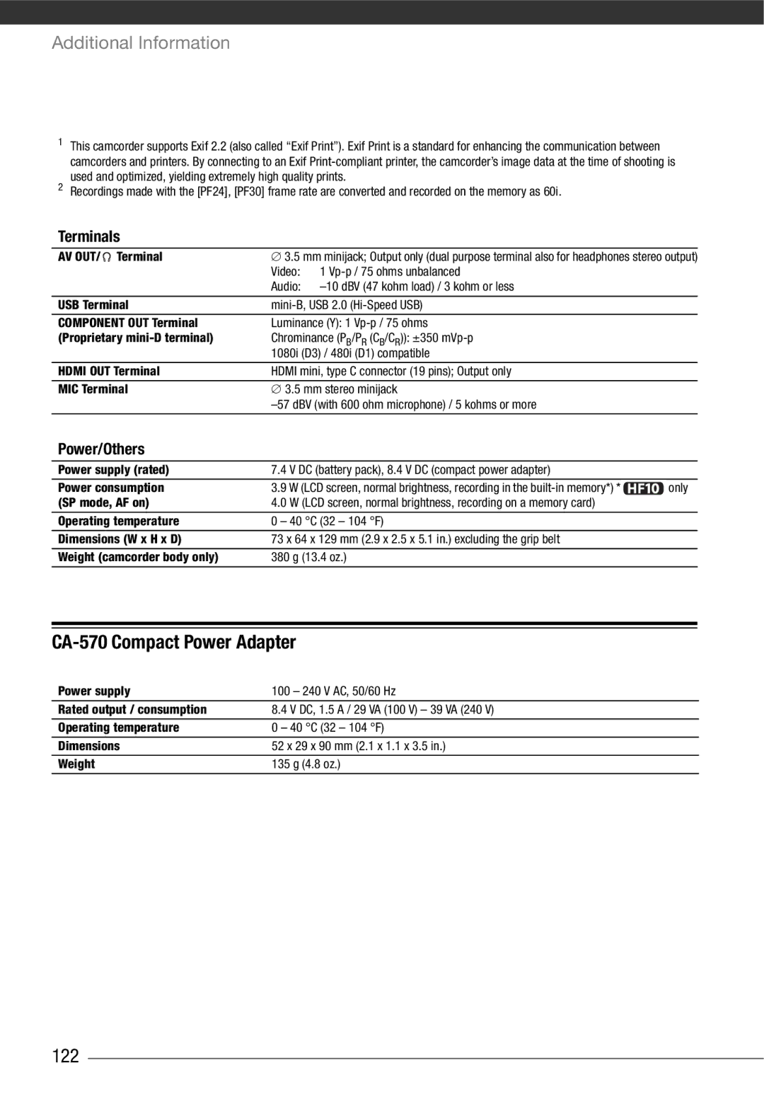 Canon HF10 instruction manual CA-570 Compact Power Adapter, 122, Terminals, Power/Others 