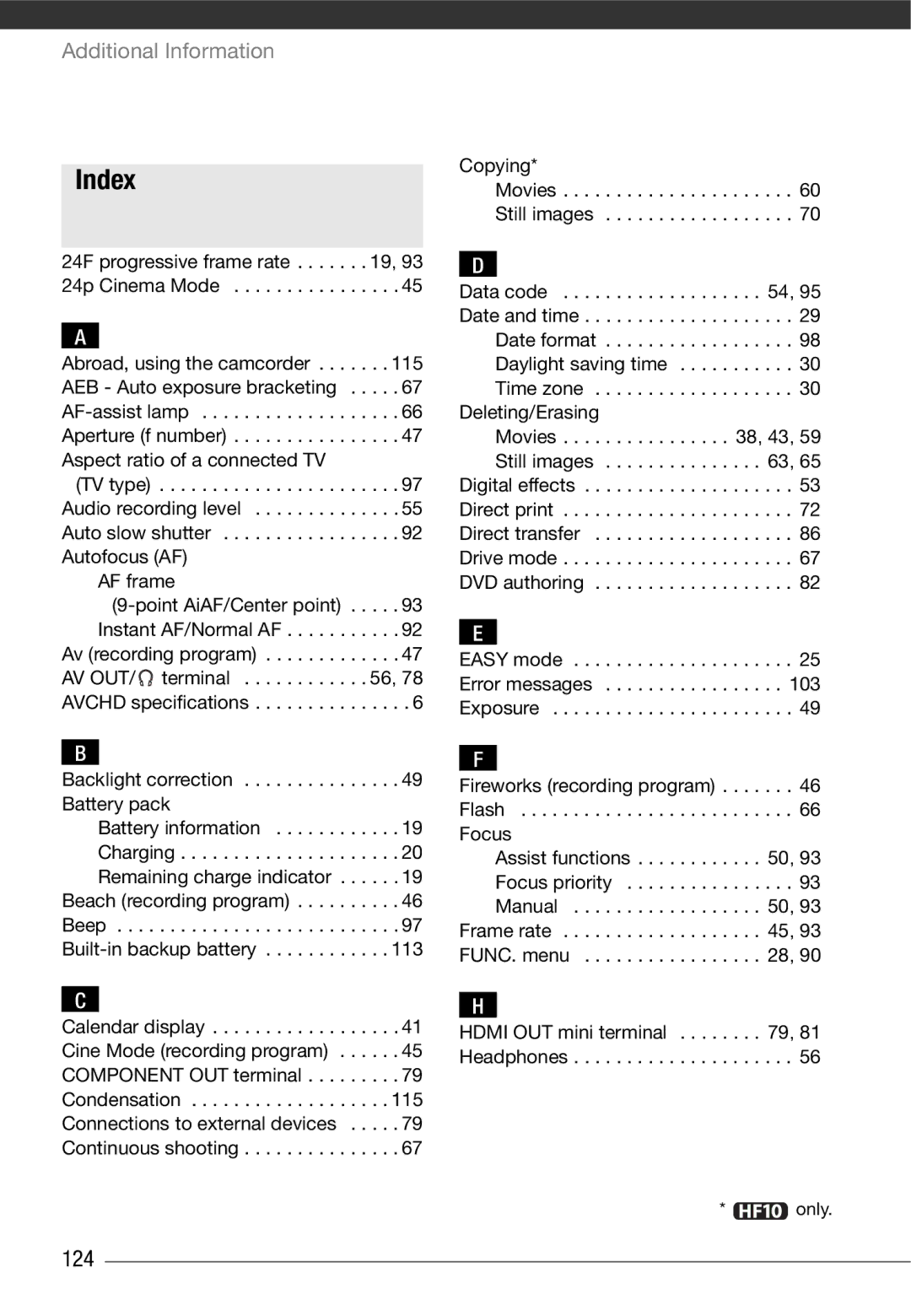 Canon HF10 instruction manual Index, 124 