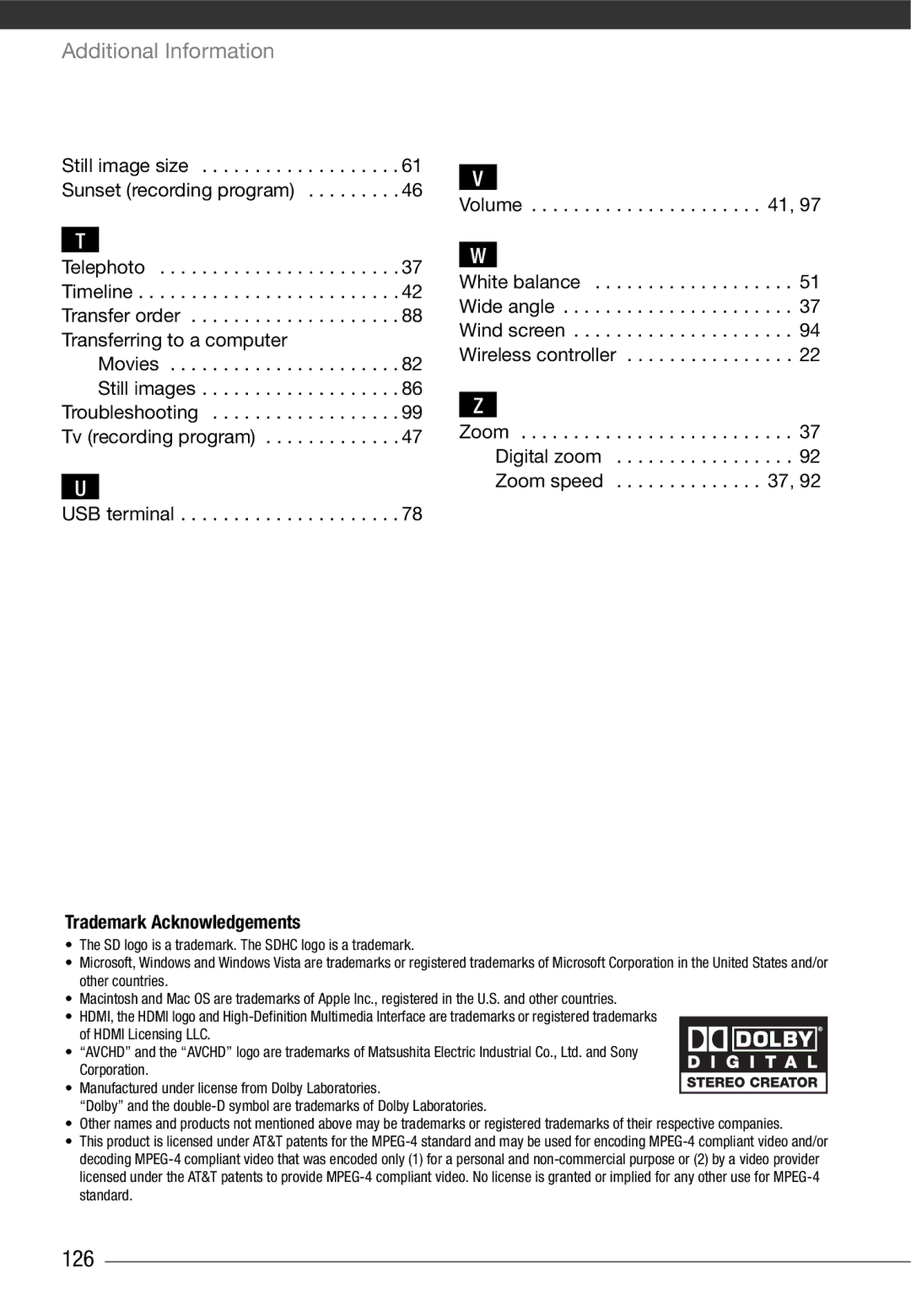 Canon HF10 instruction manual 126, Still image size, USB terminal, Trademark Acknowledgements 