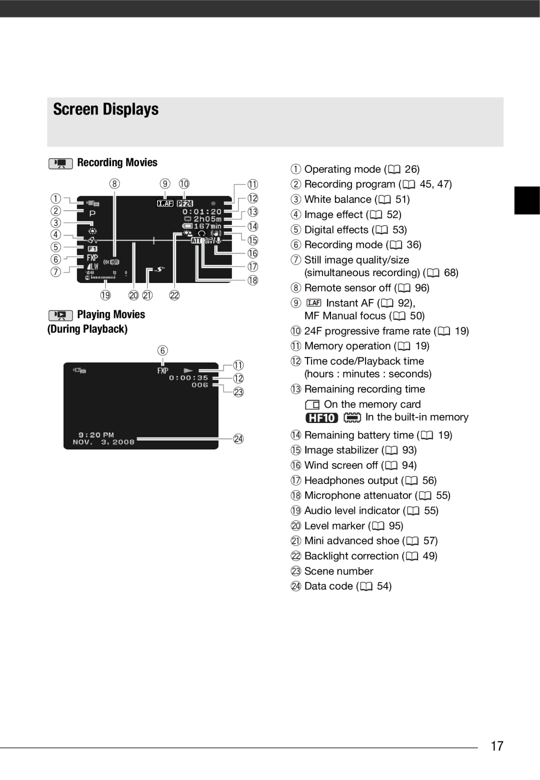 Canon HF10 instruction manual Screen Displays, Recording Movies 