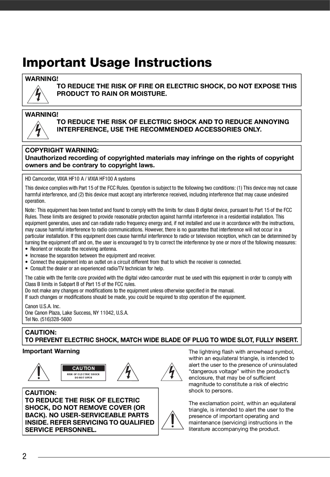 Canon HF10 instruction manual Important Usage Instructions 