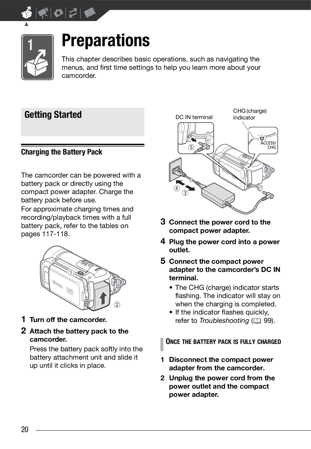 Canon HF10 Getting Started, Charging the Battery Pack, If the indicator flashes quickly, refer to Troubleshooting 