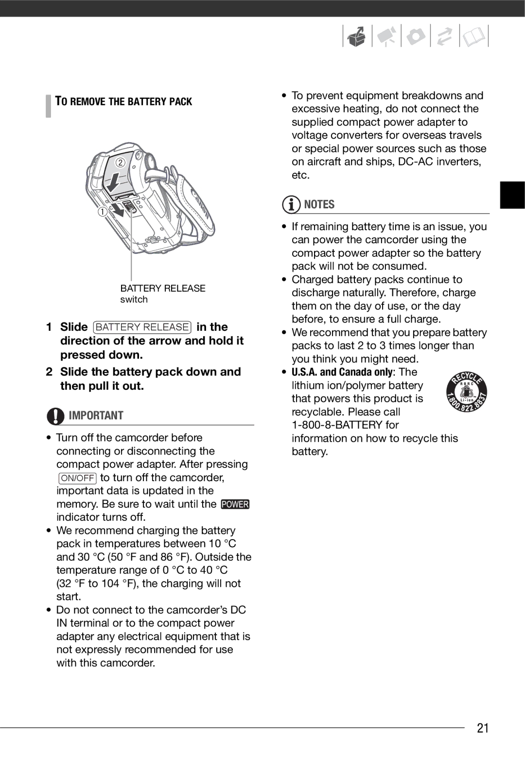 Canon HF10 instruction manual To Remove the Battery Pack, Information on how to recycle this battery 