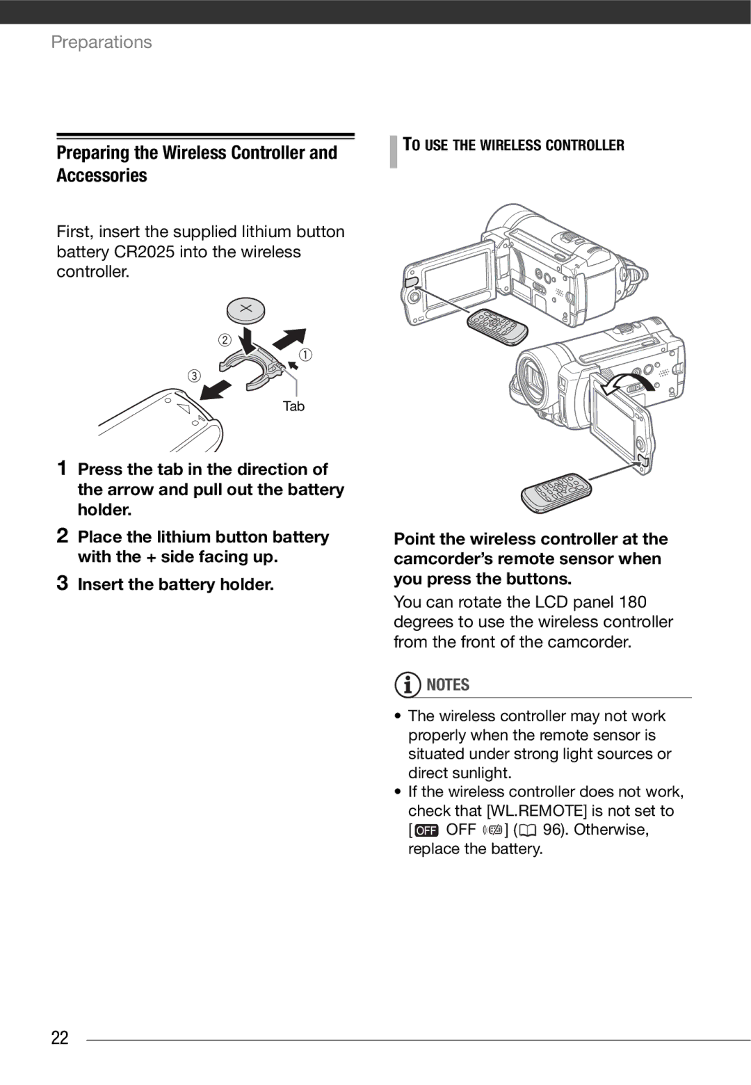 Canon HF10 Accessories, Preparing the Wireless Controller, Place the lithium button battery with the + side facing up 