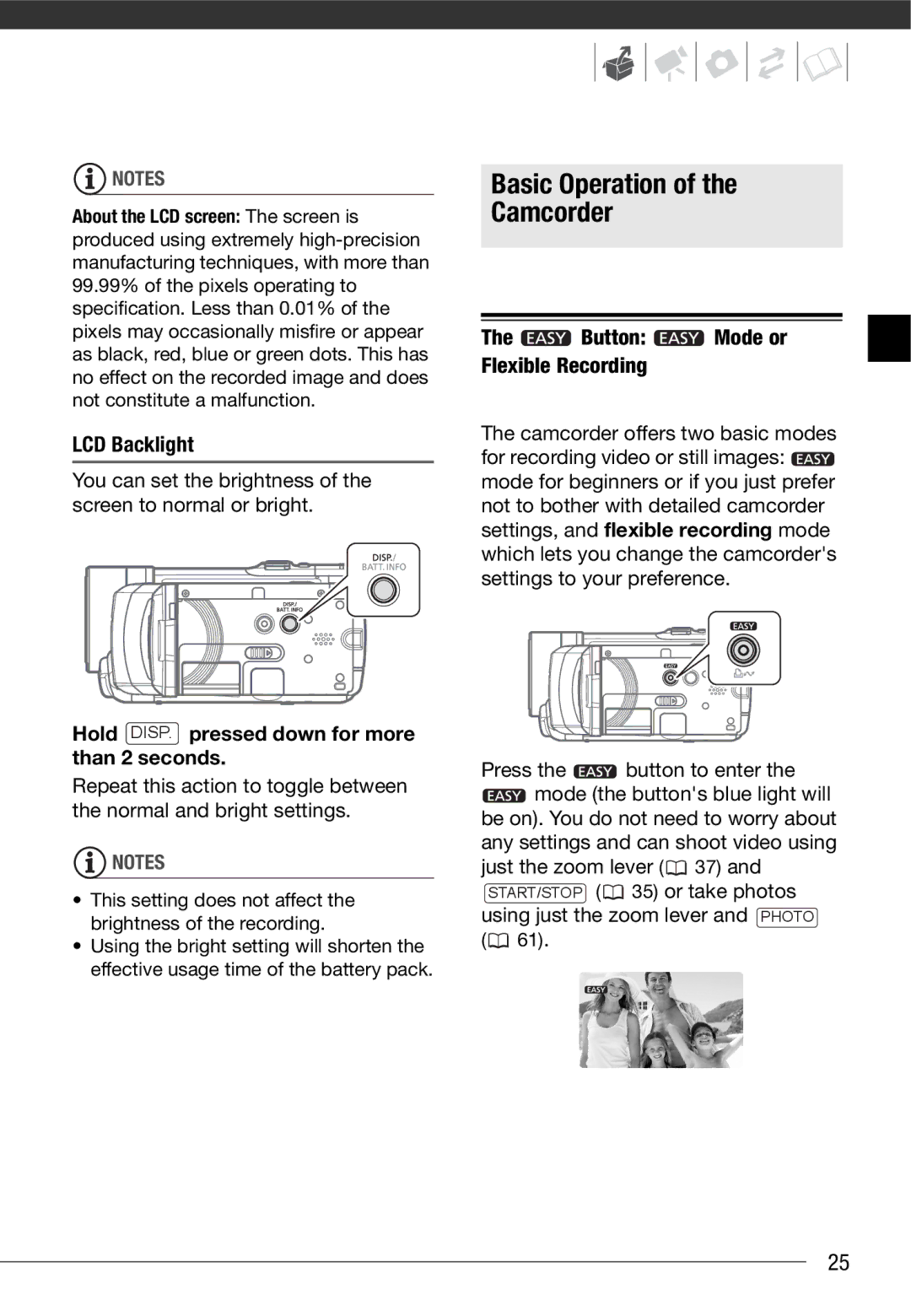 Canon HF10 instruction manual Basic Operation Camcorder, LCD Backlight, Hold DISP. pressed down for more than 2 seconds 