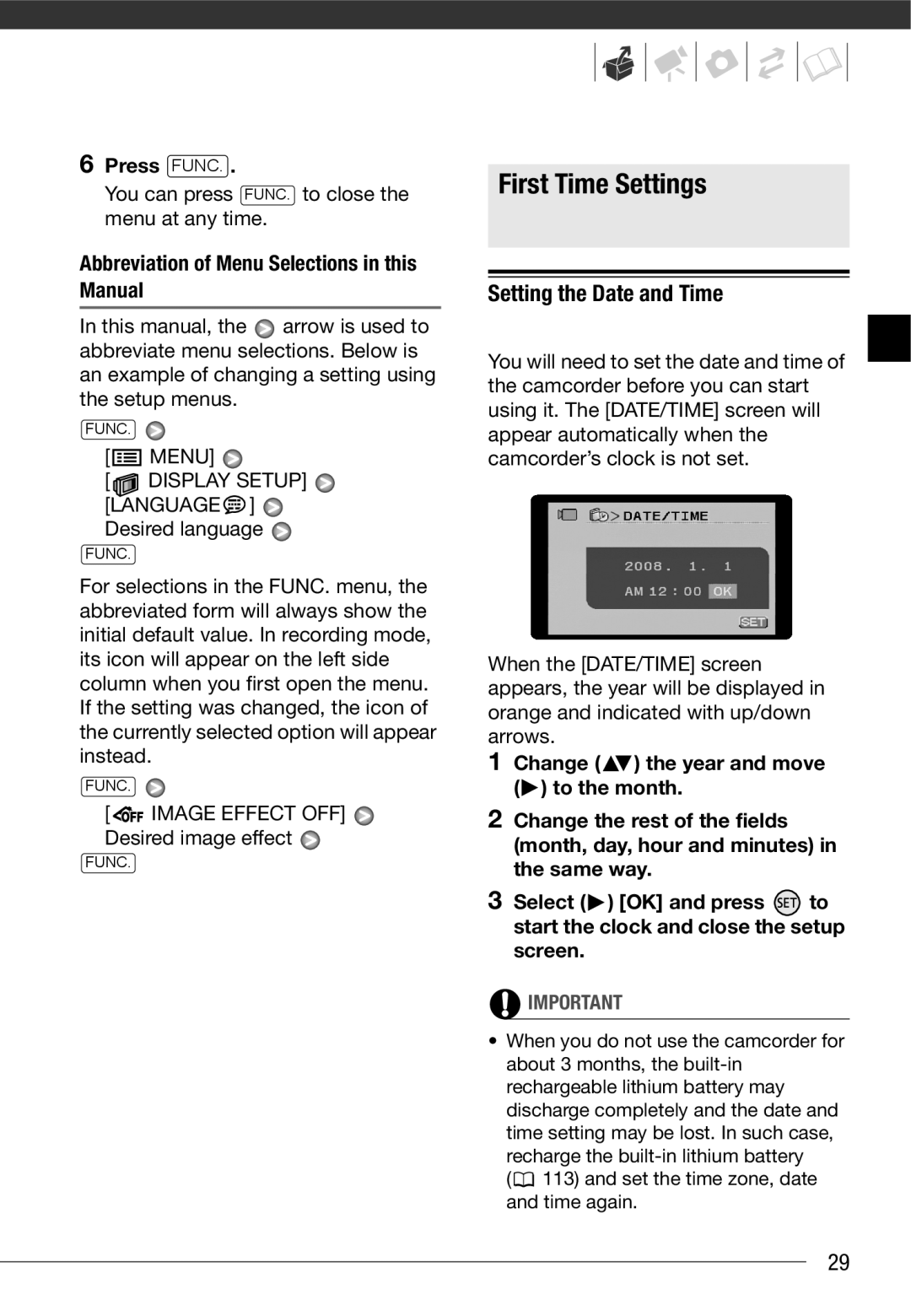 Canon HF10 First Time Settings, Setting the Date and Time, Press Func, Abbreviation of Menu Selections in this Manual 