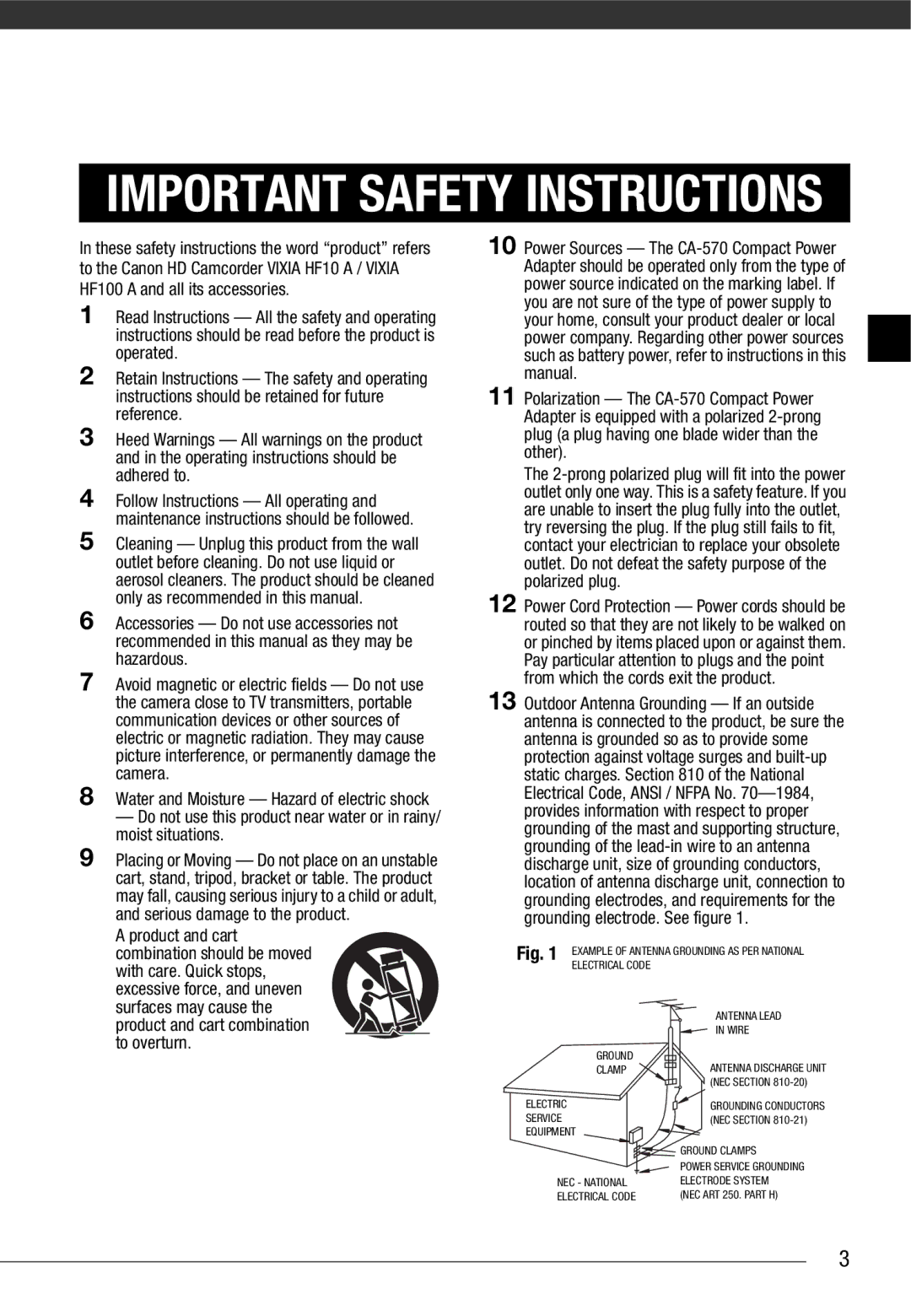 Canon HF10 instruction manual Important Safety Instructions 