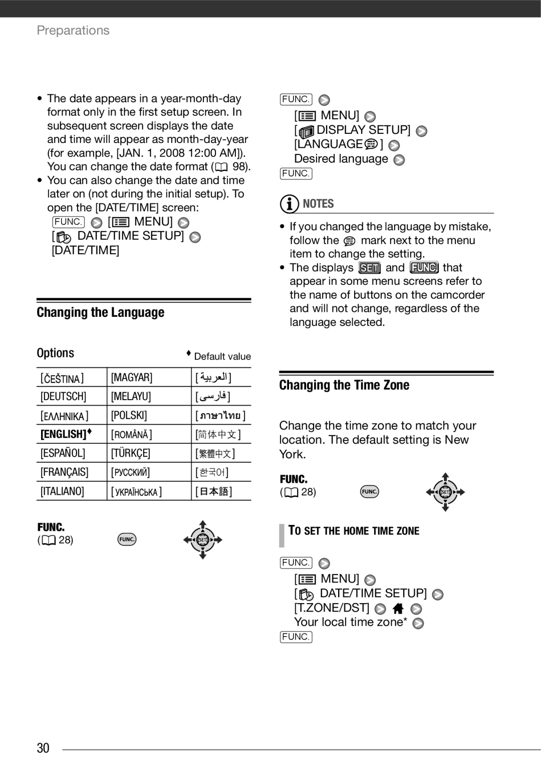 Canon HF10 instruction manual Changing the Language, Changing the Time Zone, DATE/TIME Setup DATE/TIME 